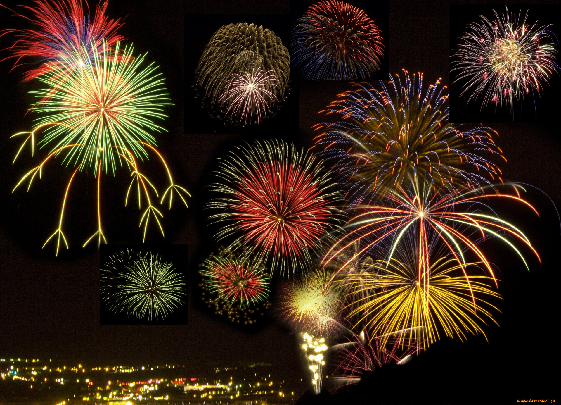 разное, салюты, фейерверки, праздник, ночь, город, салют