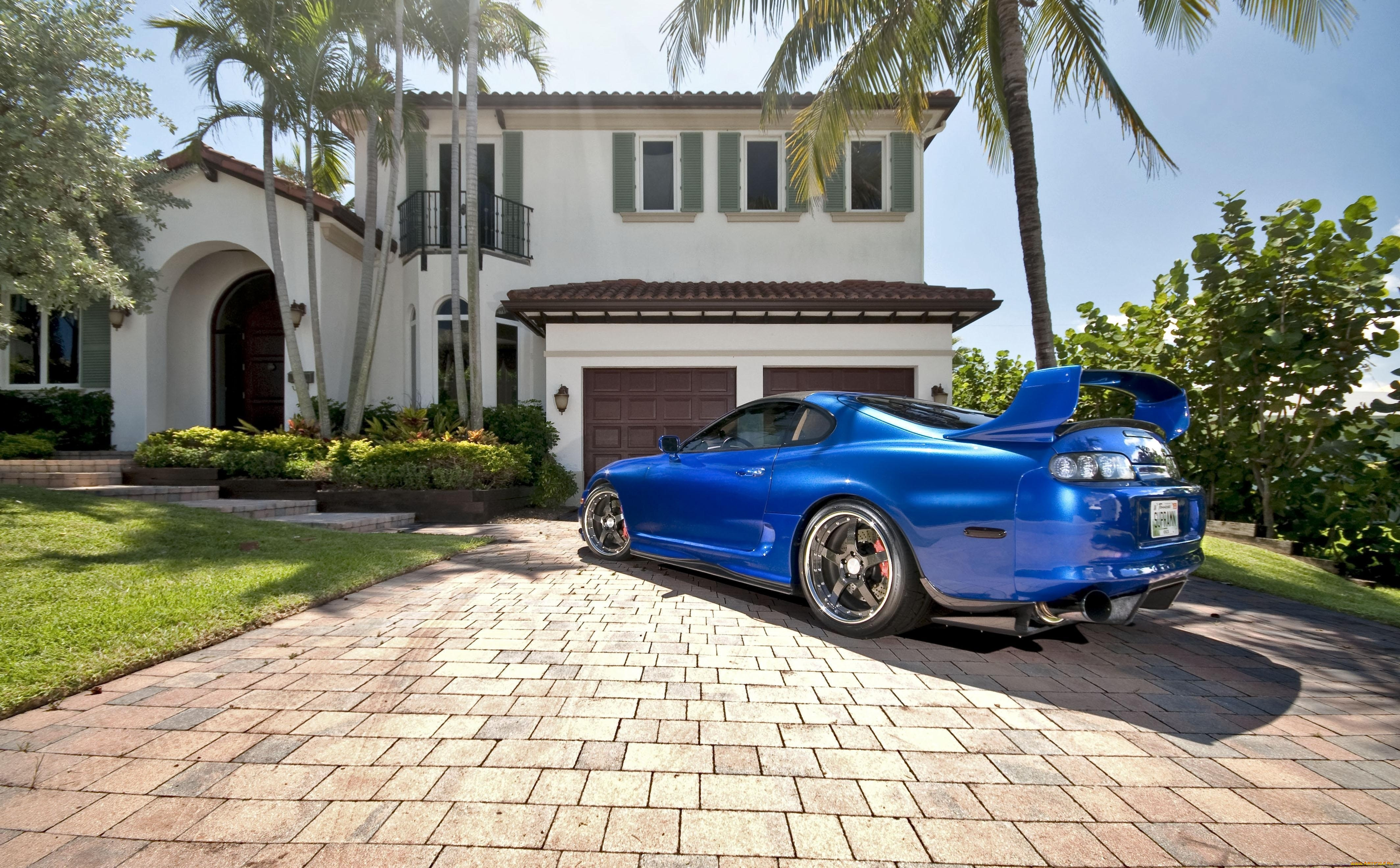 toyota, supra, автомобили, синий, тюнинг, пальмы, дом