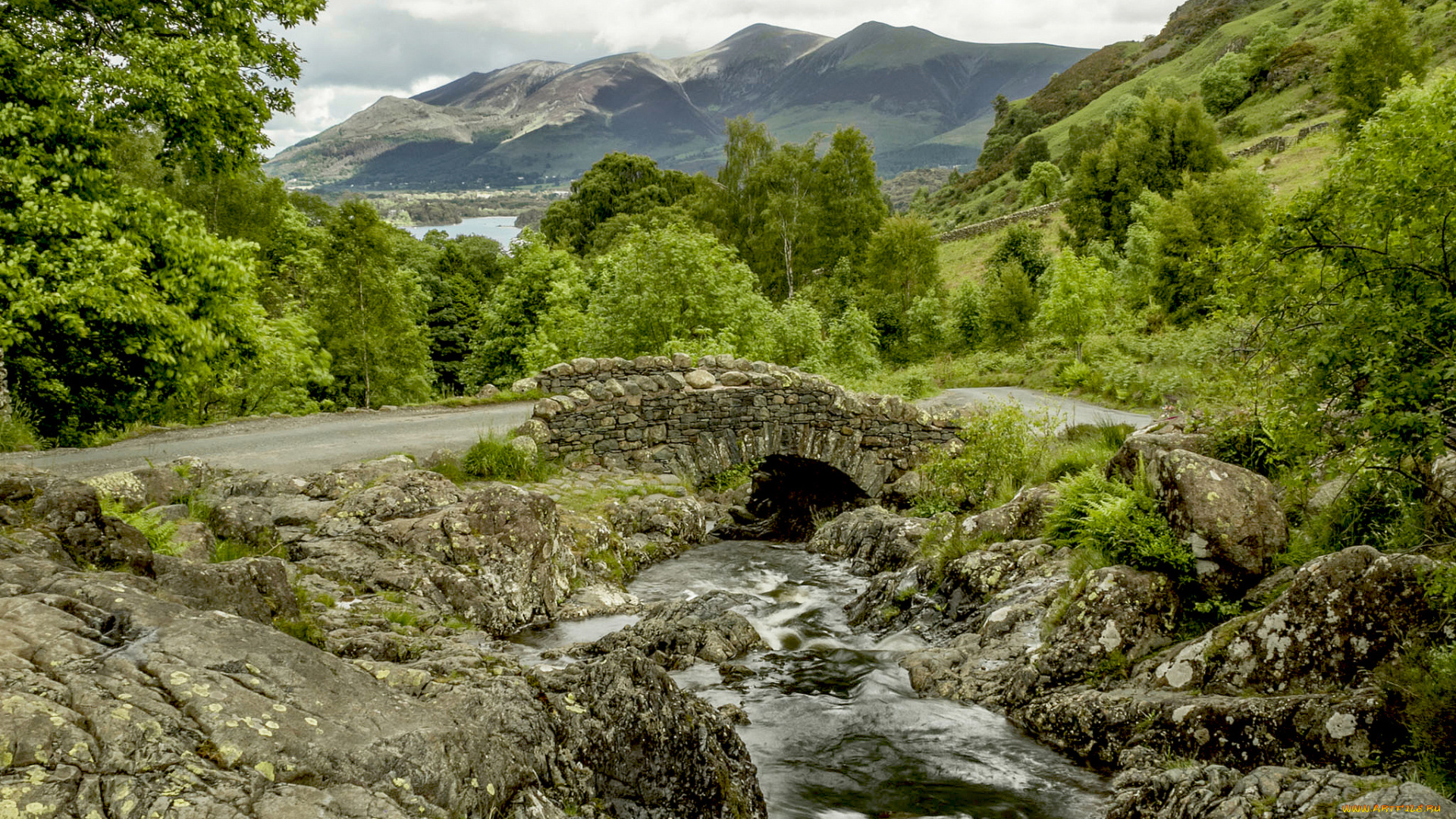 ashness, bridge, england, природа, реки, озера, lake, district, англия, мост, речка, горы, дорога, камни, деревья