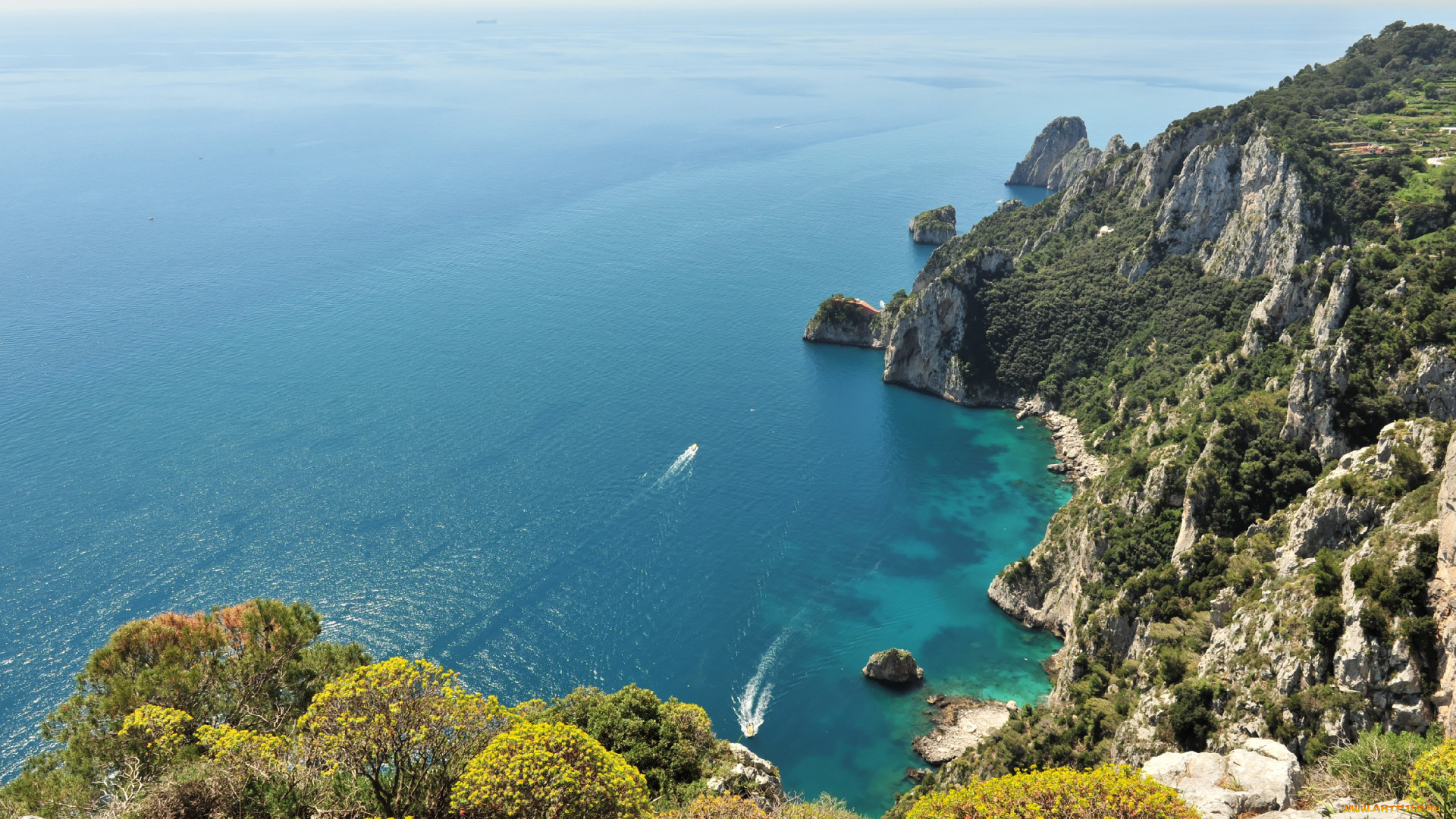 dall`alto, capri, природа, побережье, море, скалы, залив, горизонт, яхты, панорама
