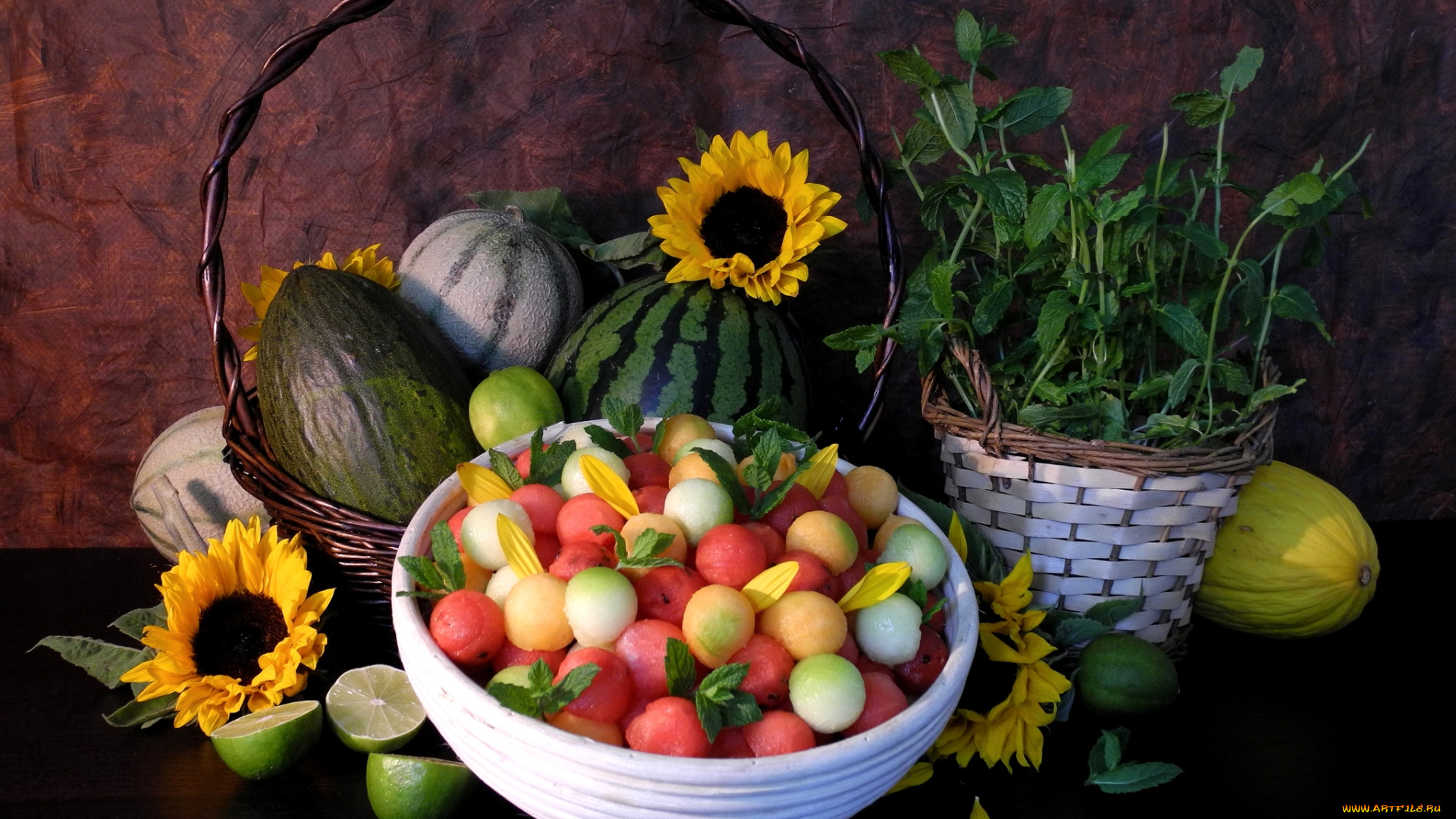 еда, фрукты, ягоды, дыня, арбуз, лайм, мята, подсолнух, шарики