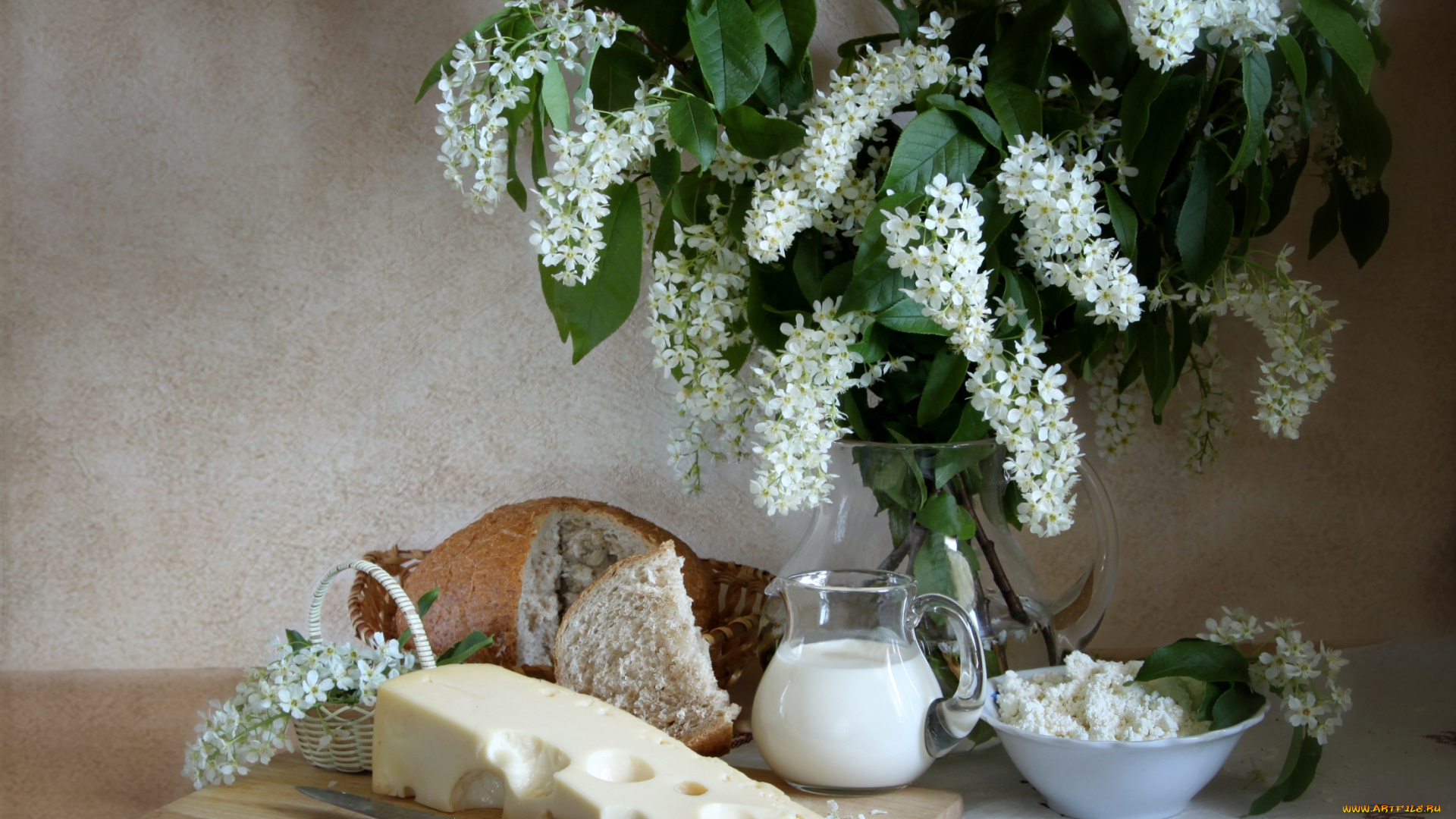 еда, натюрморт, черемуха, сыр, творог, молоко, хлеб