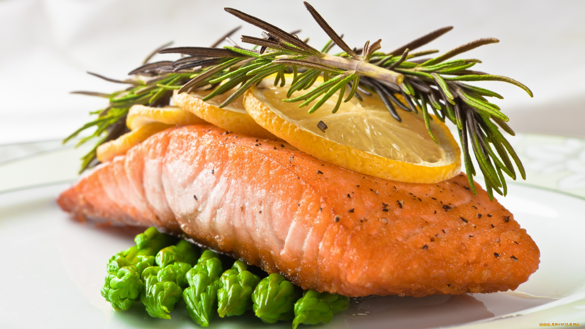 еда, рыбные, блюда, морепродуктами, спаржа, лимон, розмарин, лосось