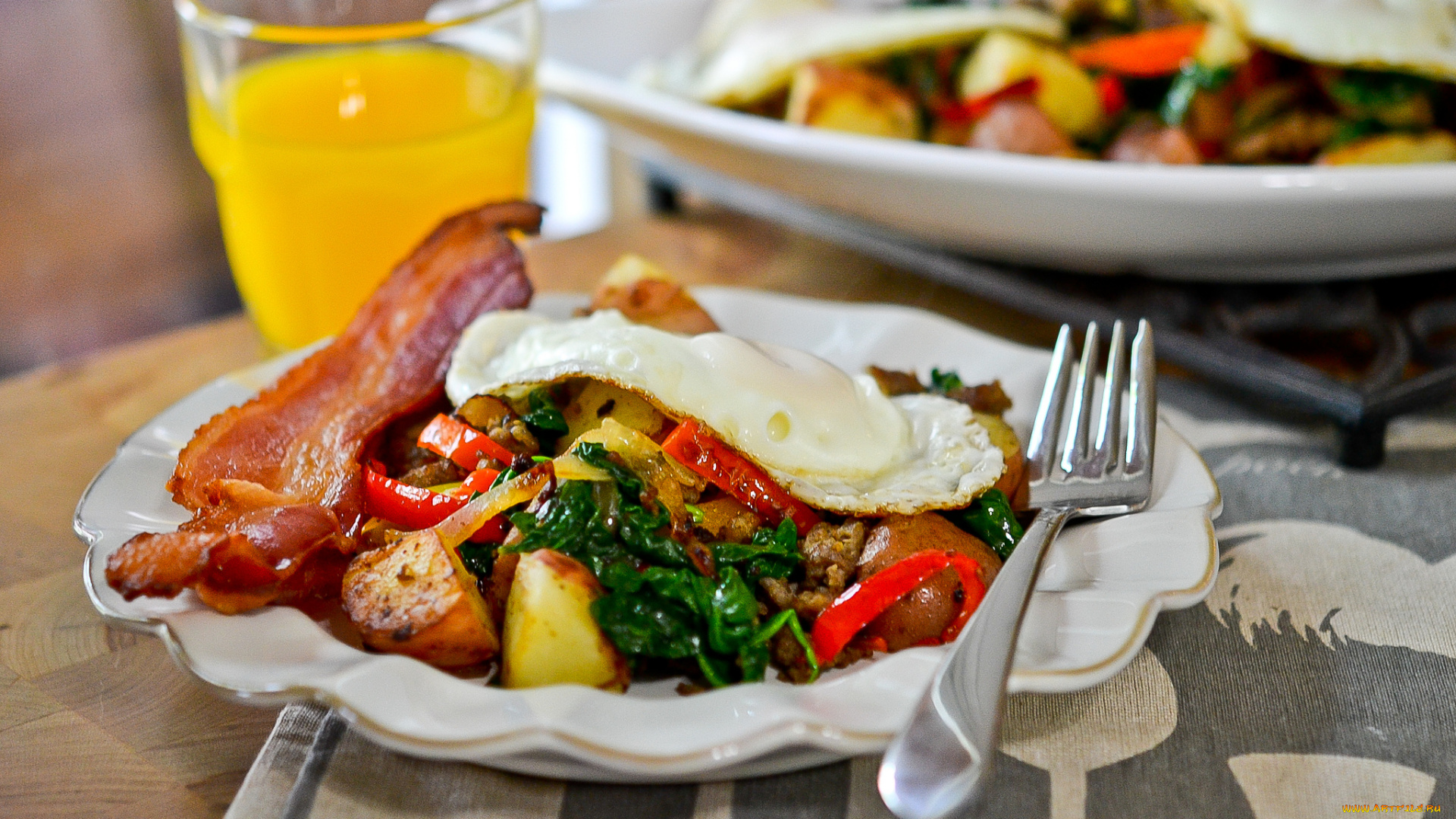 еда, Яичные, блюда, завтрак, бекон, яйцо, вилка, тарелка, сок