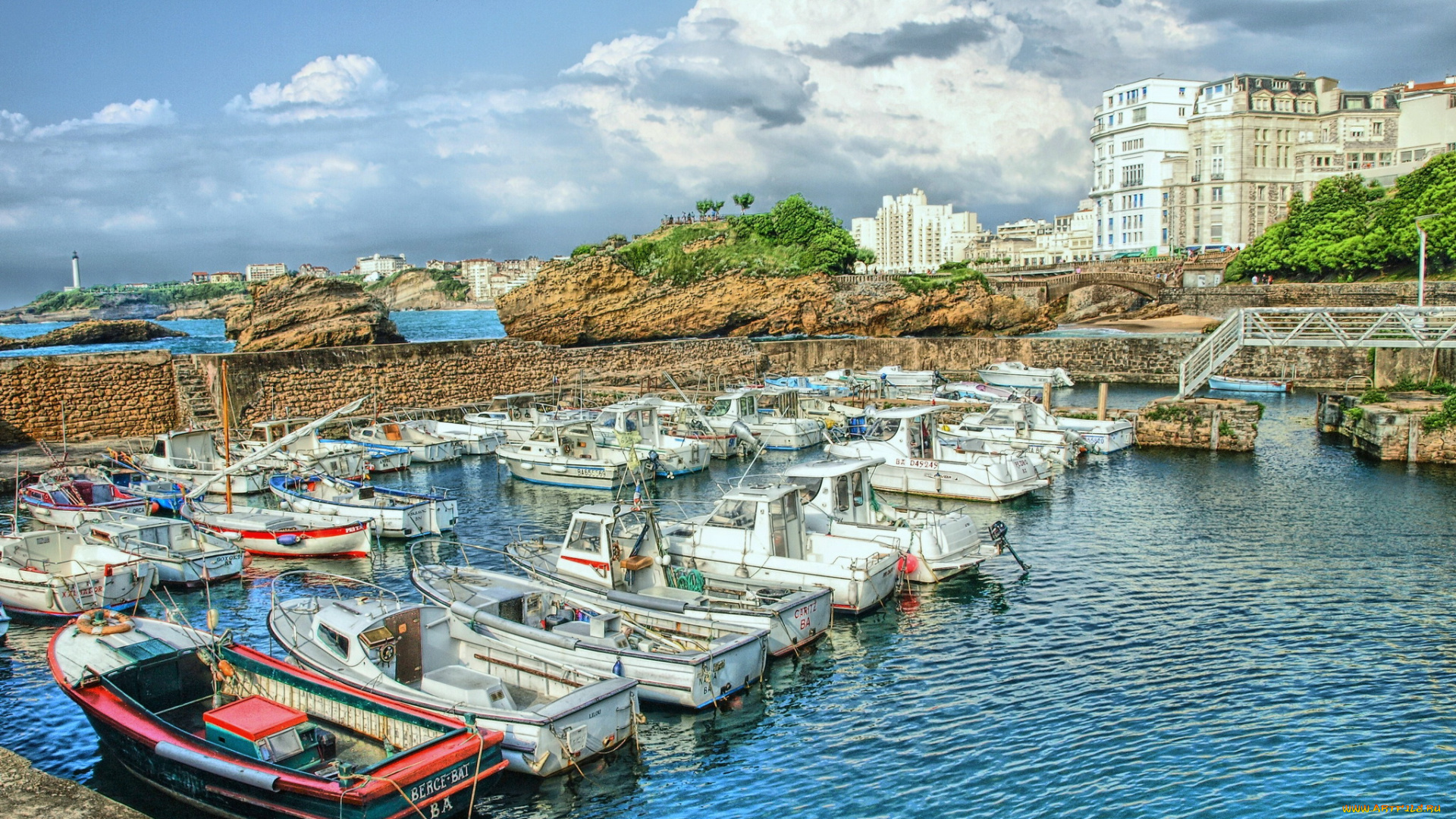 франция, аквитания, биарриц, корабли, разные, вместе, причал, катера, яхта