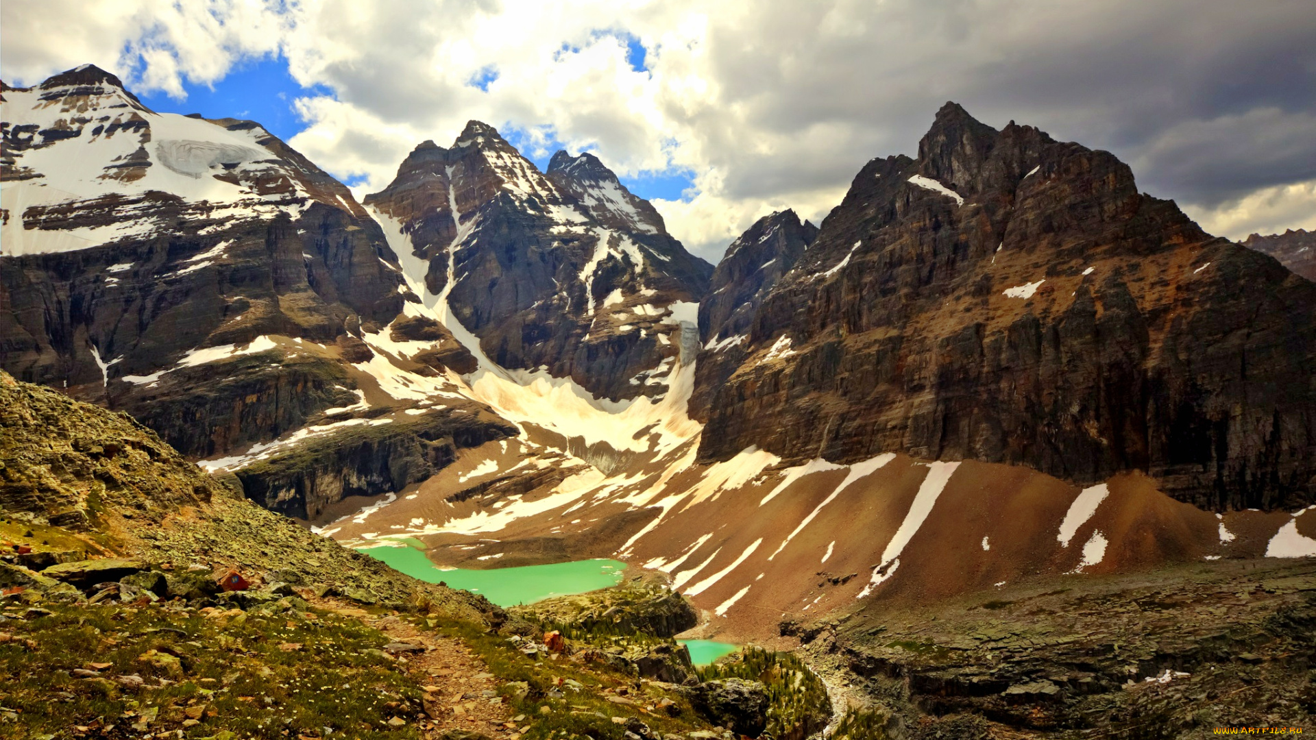 природа, горы, скалы, снега, пики, озеро