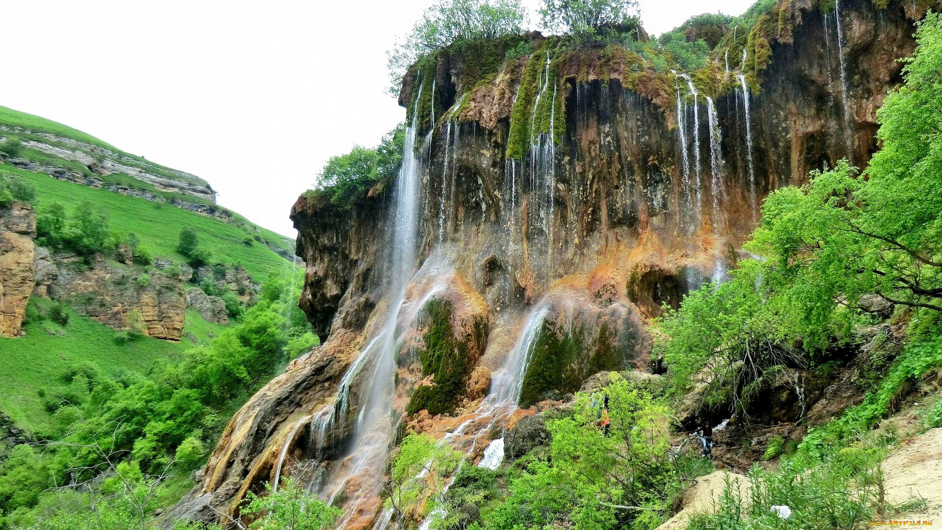 природа, водопады, холмы, обрыв, трава, водопад