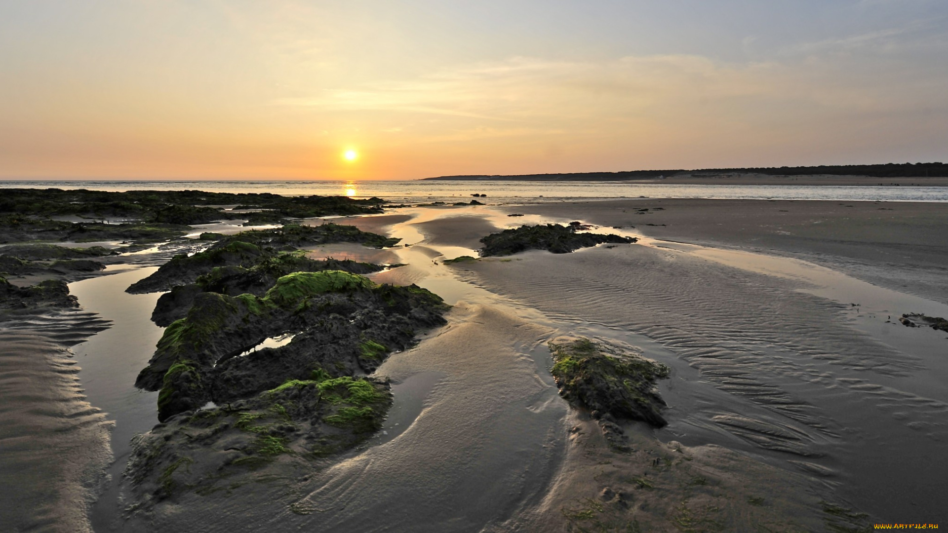 природа, восходы, закаты, река, отмель, лужи, тина, тучи, солнце