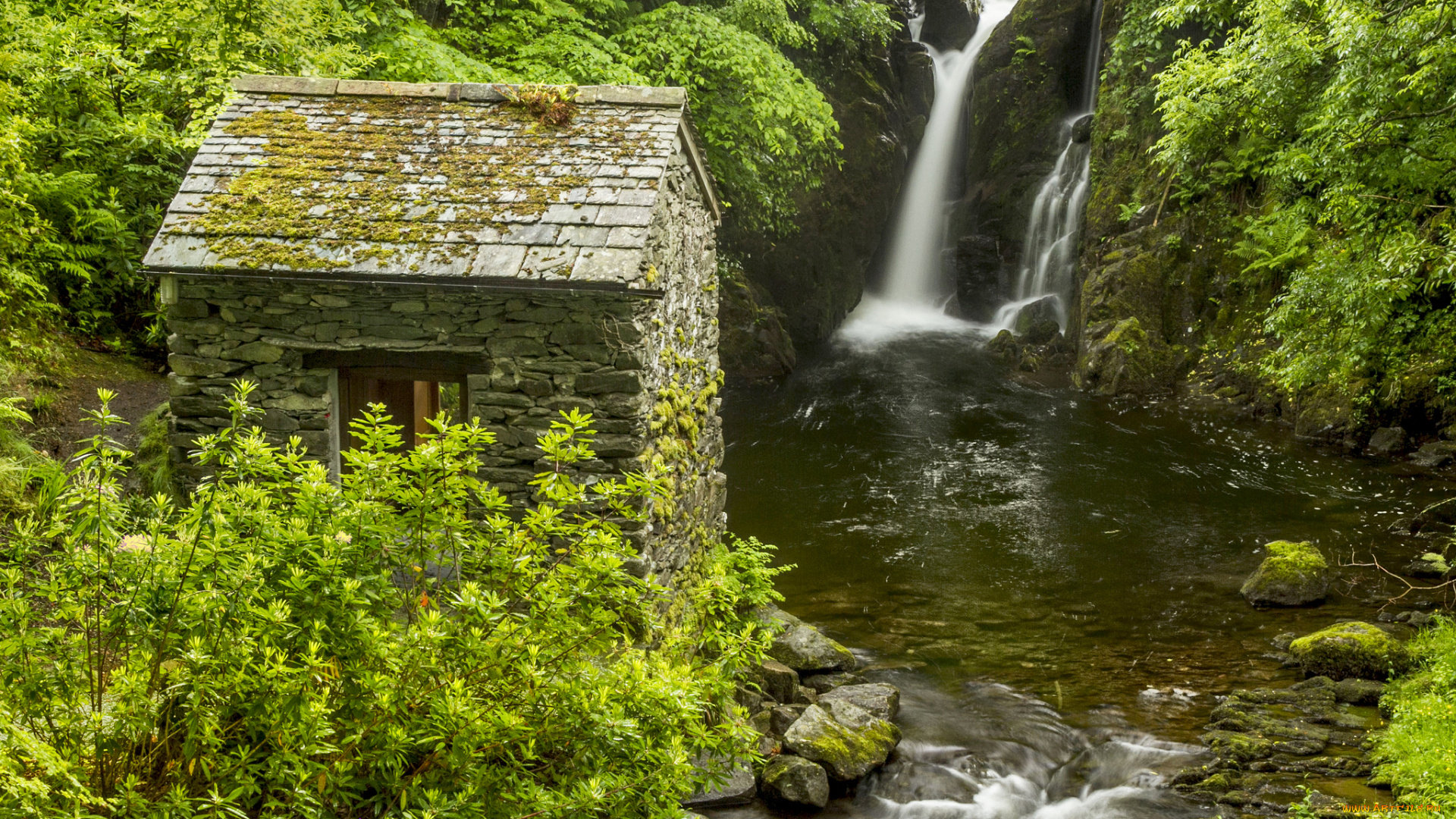 rydal, hall, waterfall, england, природа, водопады, lake, district, англия, река, хижина, кусты