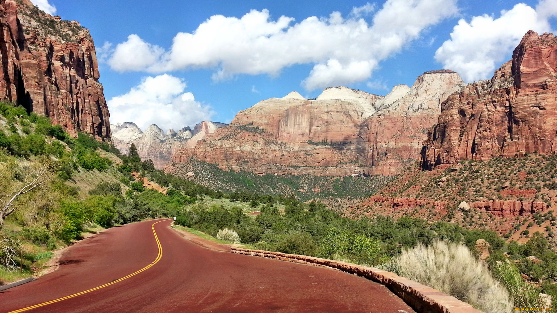 zion, national, park, utah, природа, дороги, горы, кручи, лес, облака, шоссе