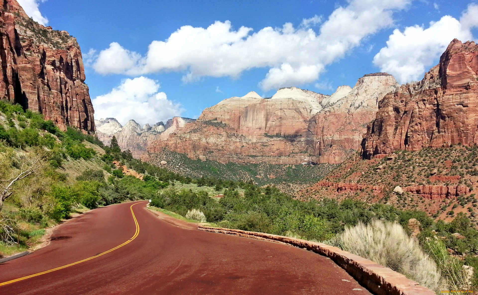 zion, national, park, utah, природа, дороги, горы, кручи, лес, облака, шоссе