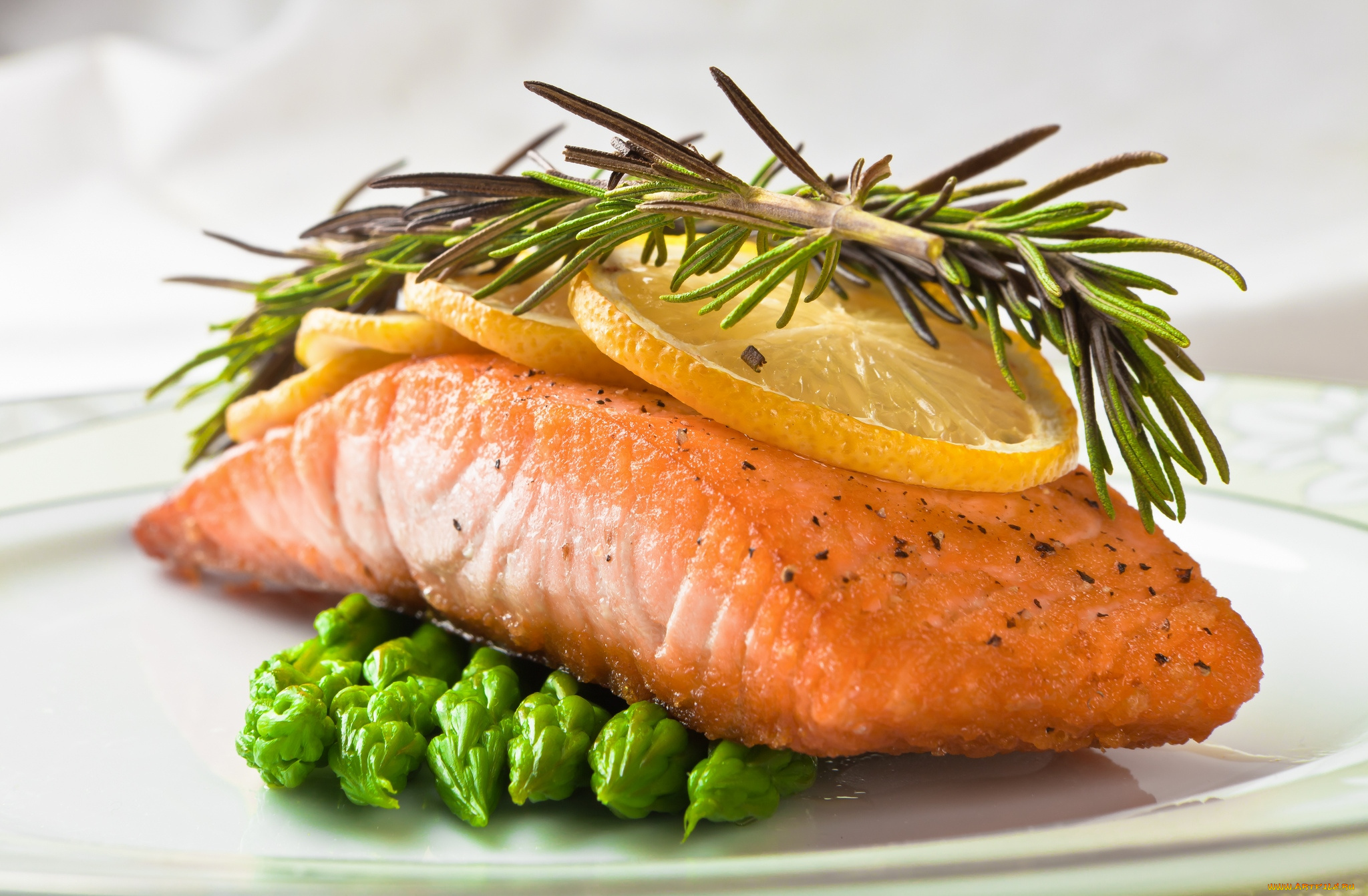 еда, рыбные, блюда, морепродуктами, спаржа, лимон, розмарин, лосось