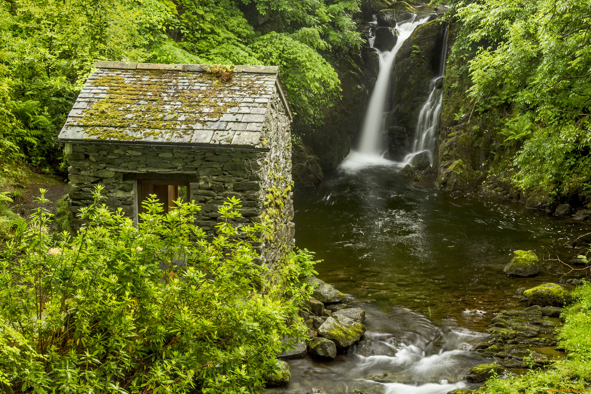 rydal, hall, waterfall, england, природа, водопады, lake, district, англия, река, хижина, кусты