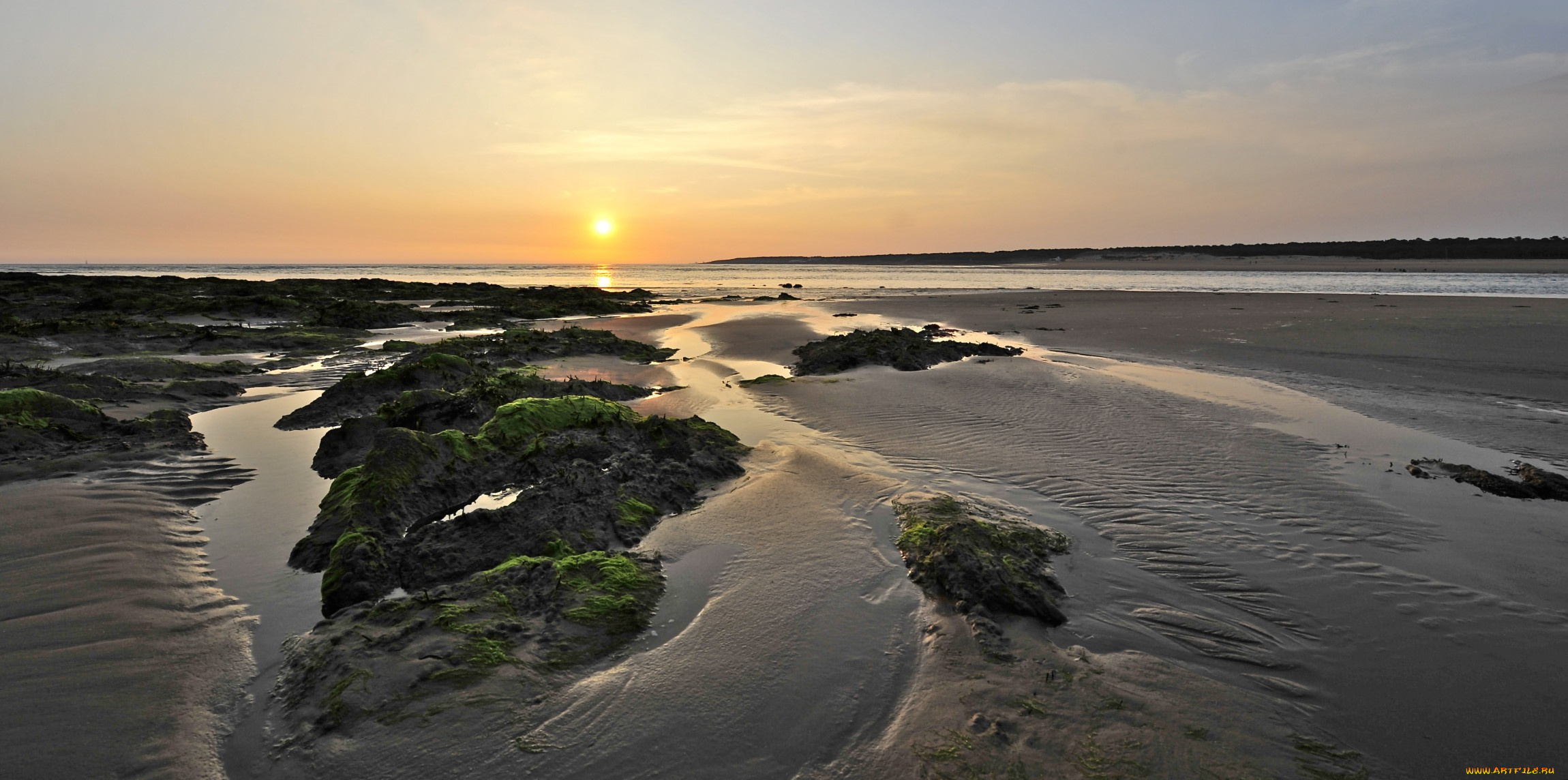 природа, восходы, закаты, река, отмель, лужи, тина, тучи, солнце