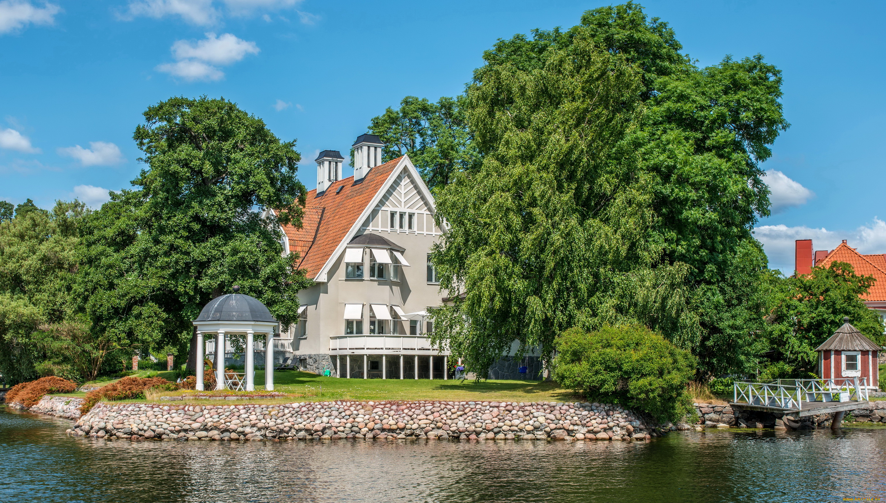 швеция, стокгольм, nacka, города, набережная, река, дома, деревья