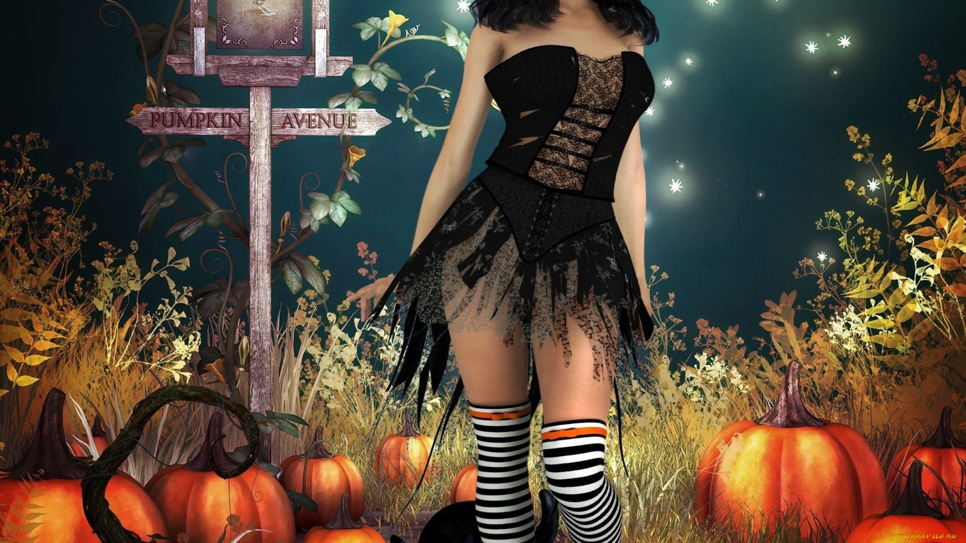 3д, графика, праздники, , holidays, тыквы, девушка, взгляд