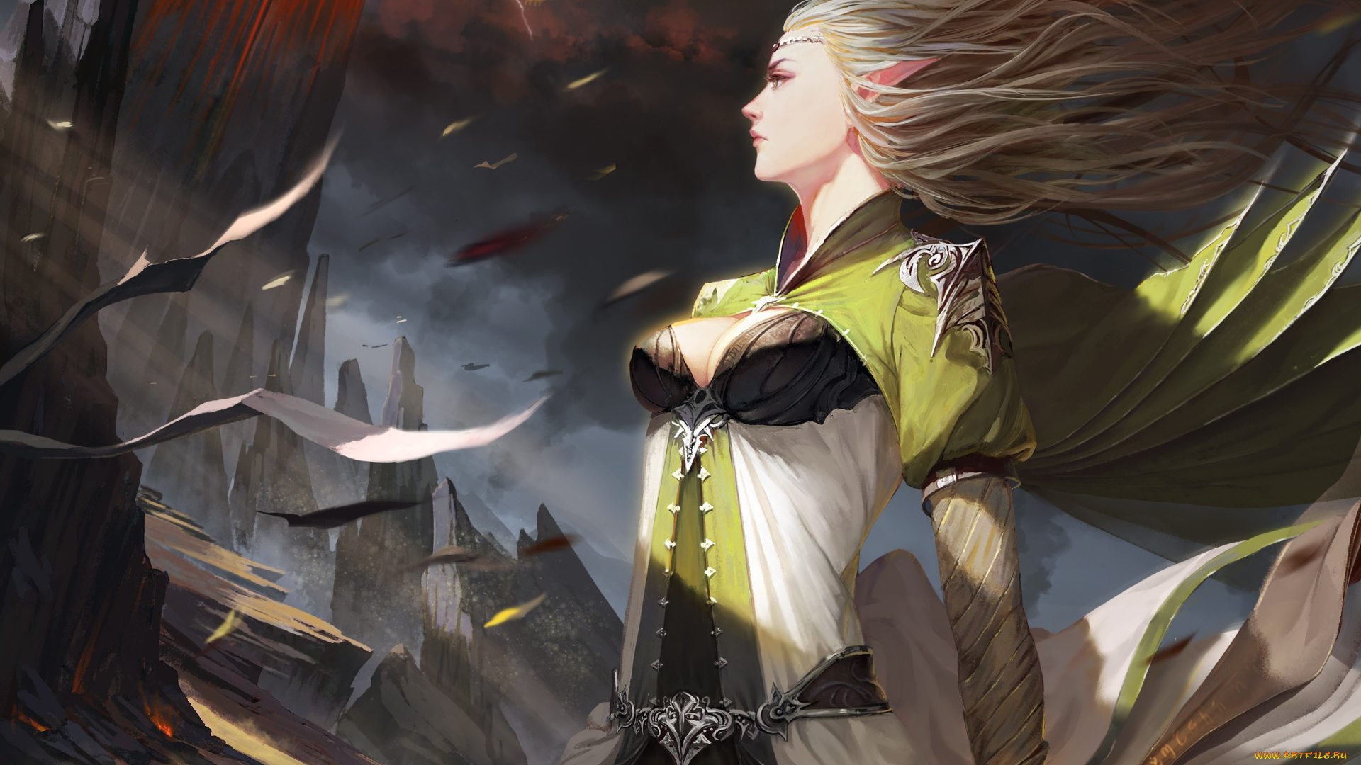 фэнтези, эльфы, эльфийка, девушка, арт, горы, ветер