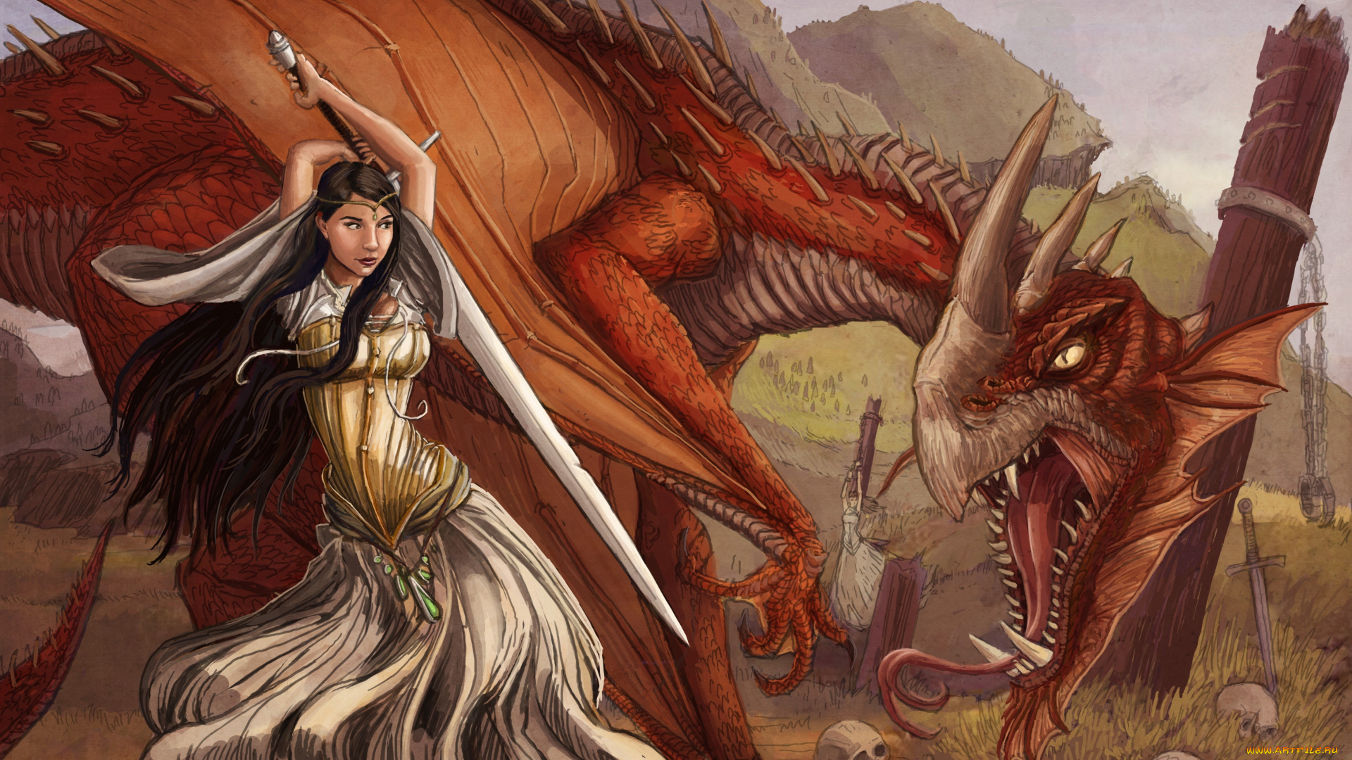 фэнтези, красавицы, и, чудовища, черепа, жертва, столбы, меч, девушка, арт, дракон