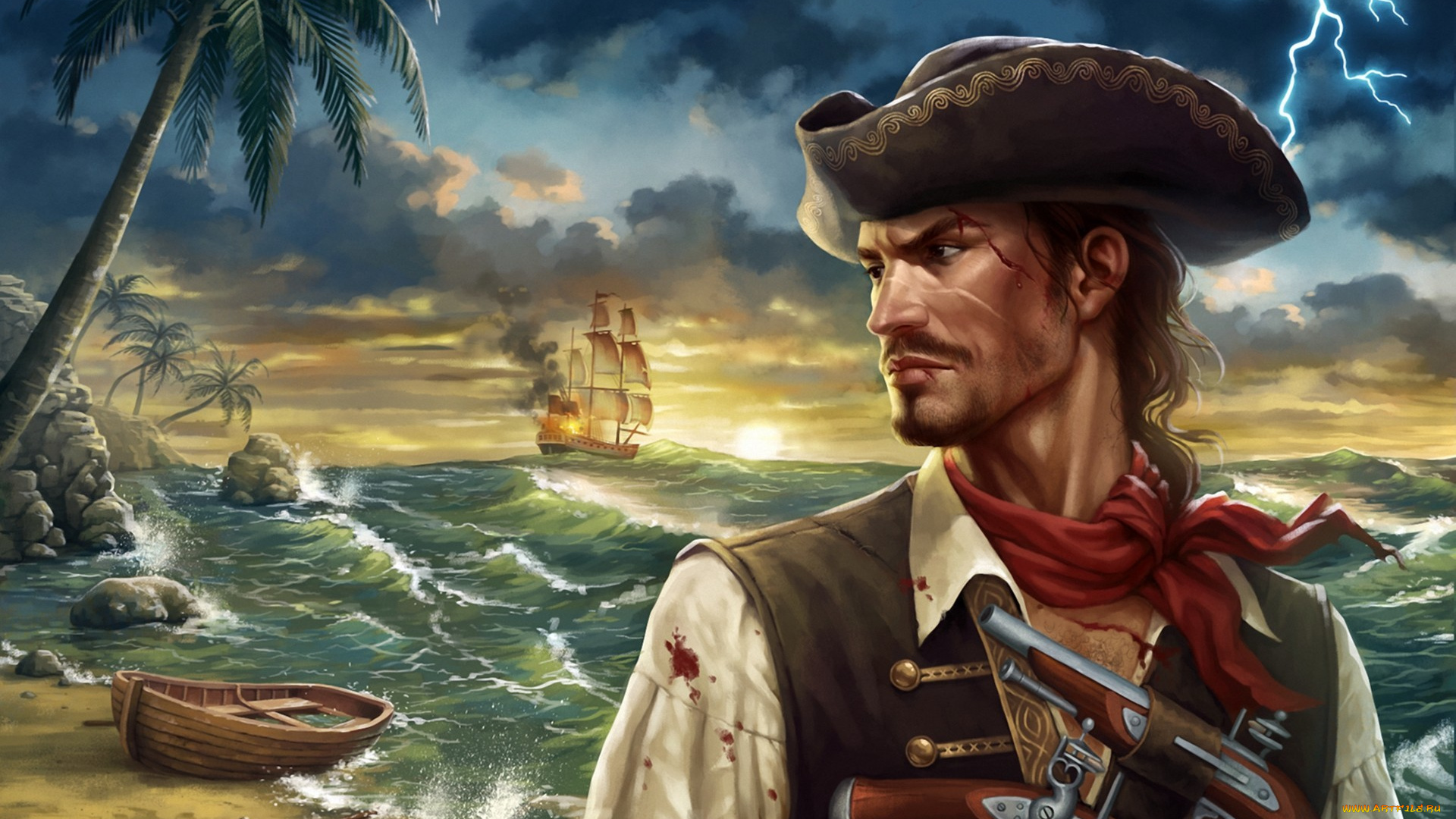 фэнтези, люди, платок, море, треуголка, шляпа, кровь, мужчина, пальма, молния, арт, пират, лодка, корабль