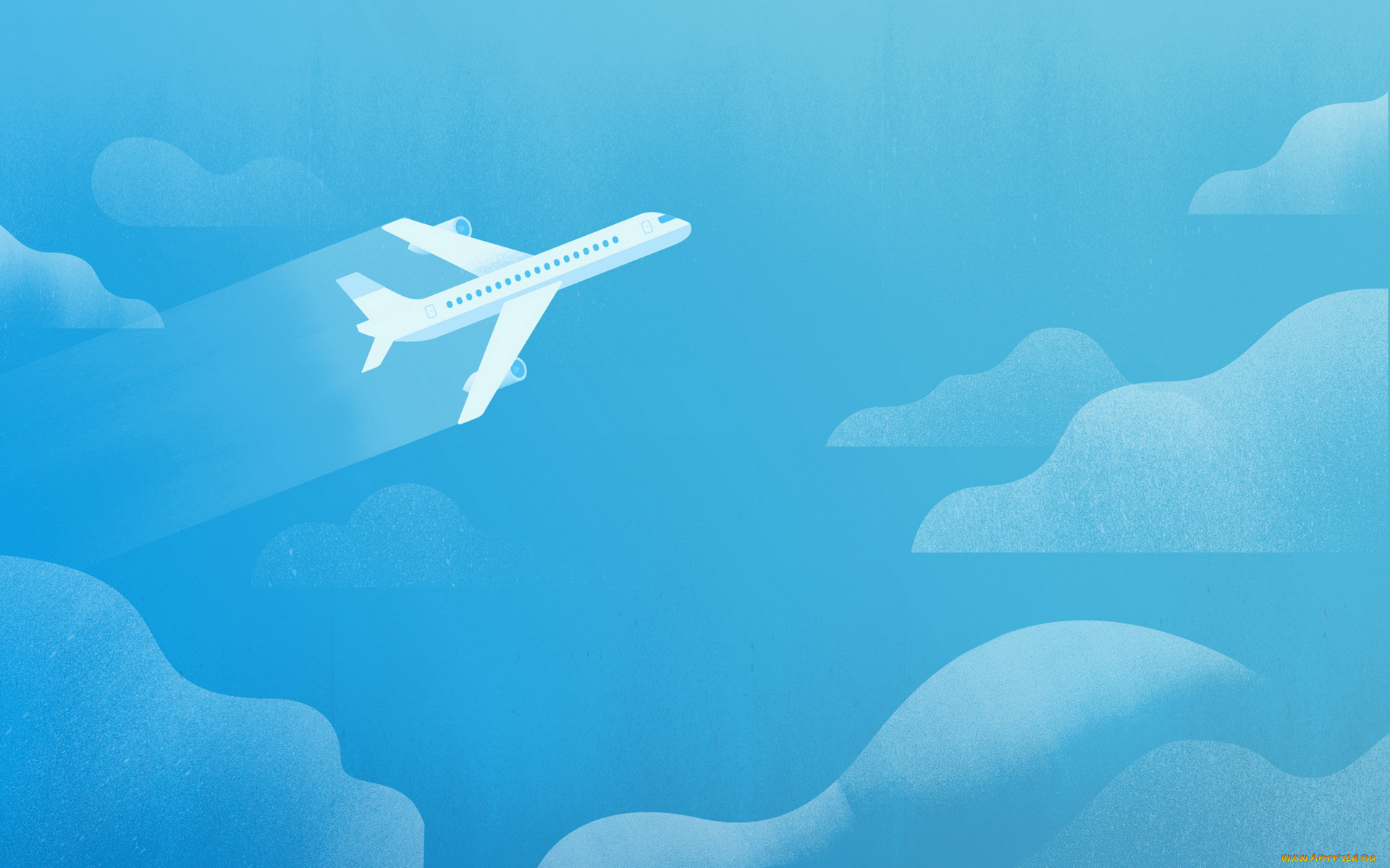 рисованные, минимализм, самолет, голубой, облака, полет