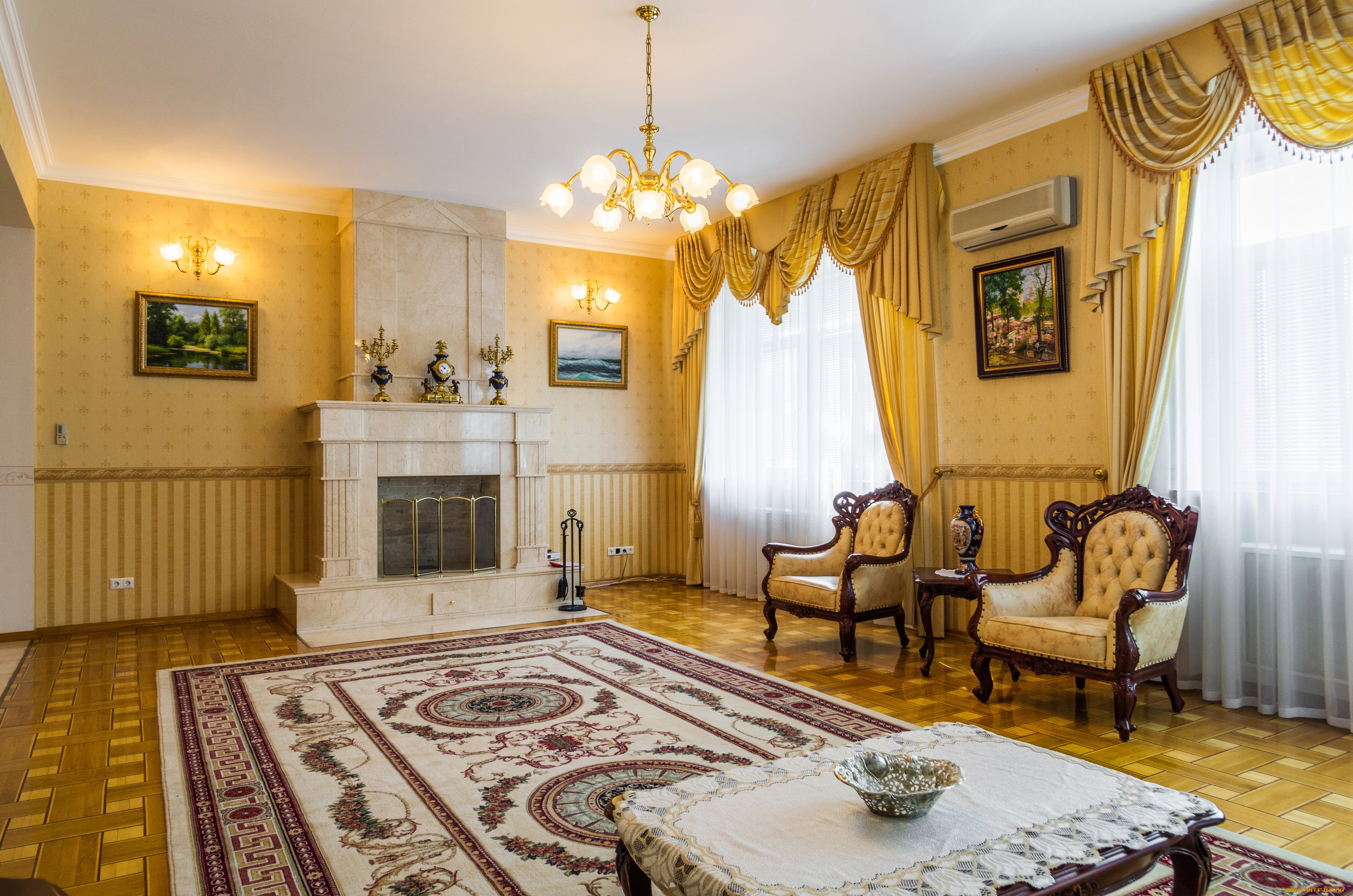 интерьер, гостиная, кресло, камин, дизайн