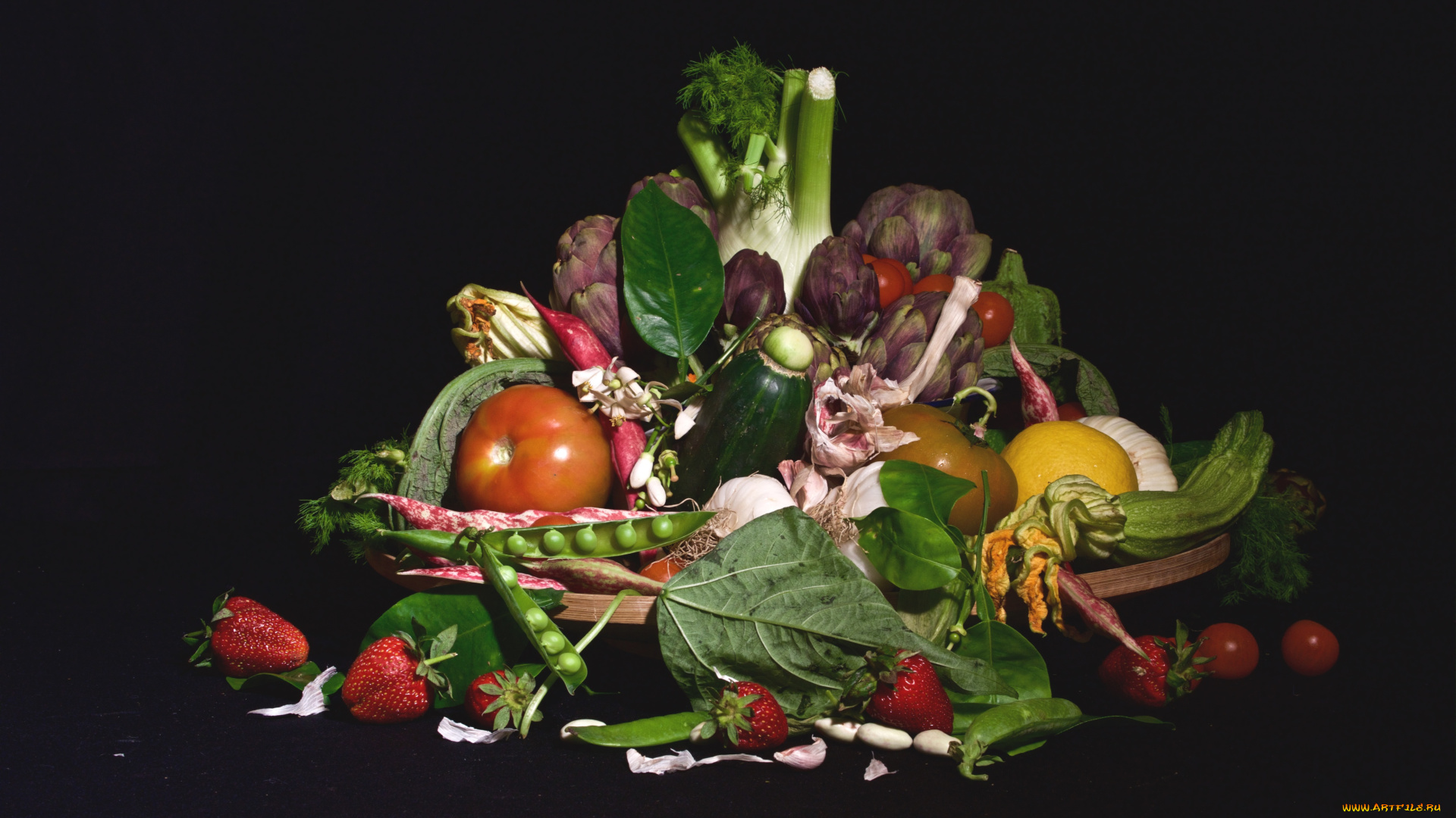 еда, фрукты, и, овощи, вместе, клубника, фенхель, чеснок, артишок, цукини, овощи, горох, помидоры