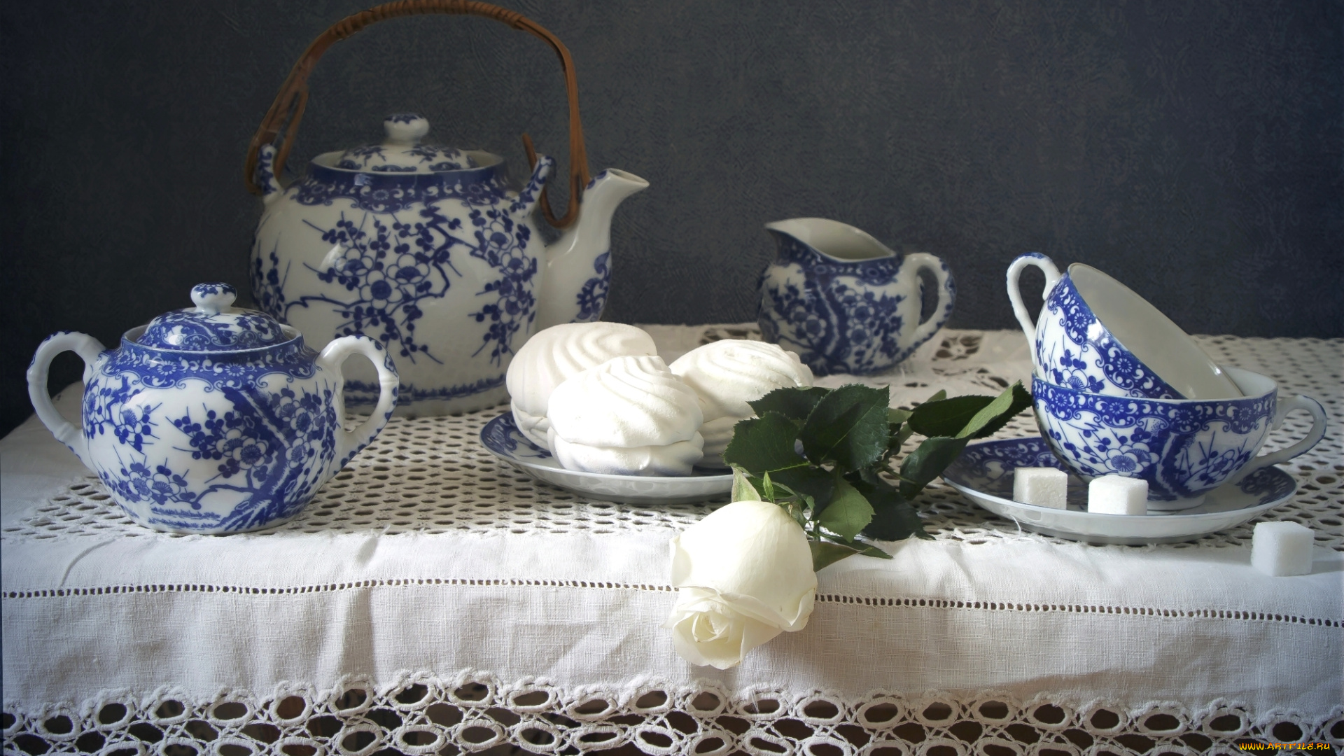 еда, натюрморт, чайник, чашки, сахар, посуда, зефир, роза