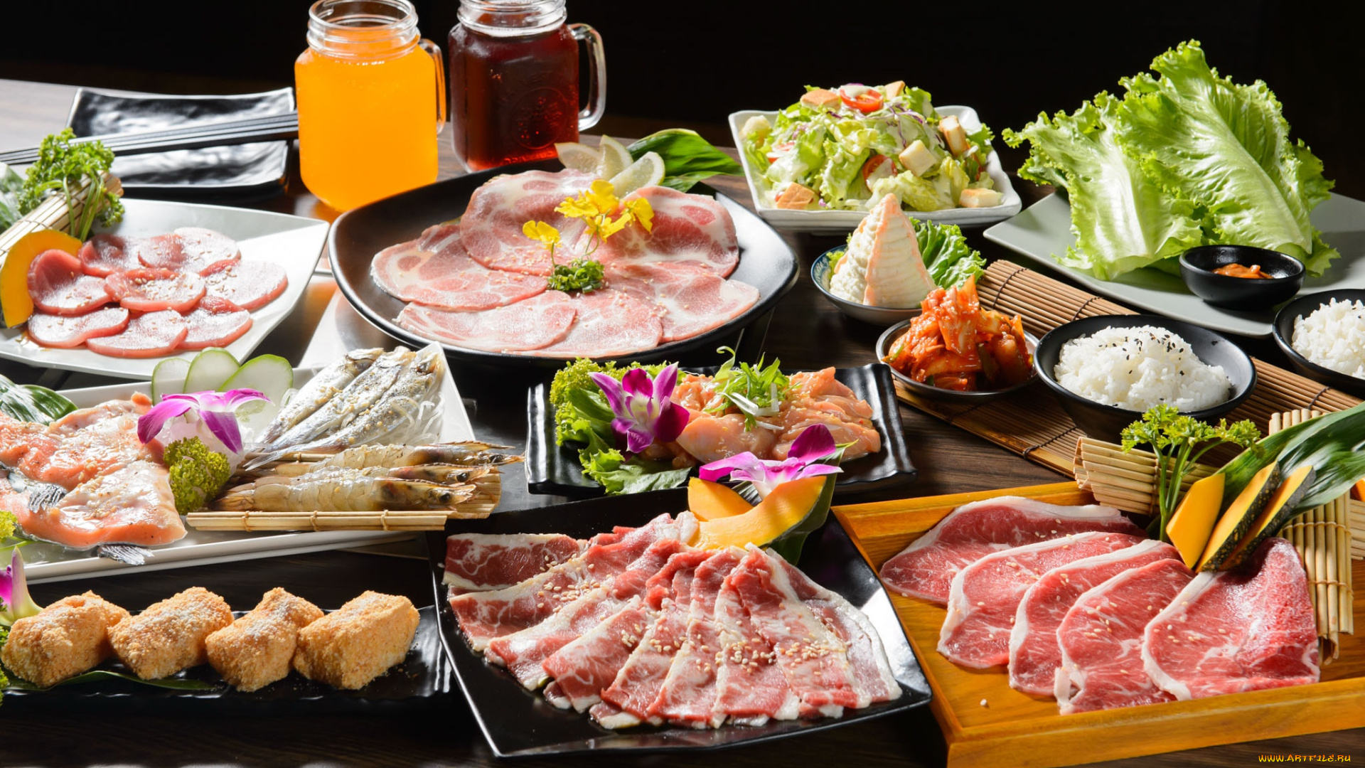 еда, разное, рис, овощи, ассорти, мясо, сок