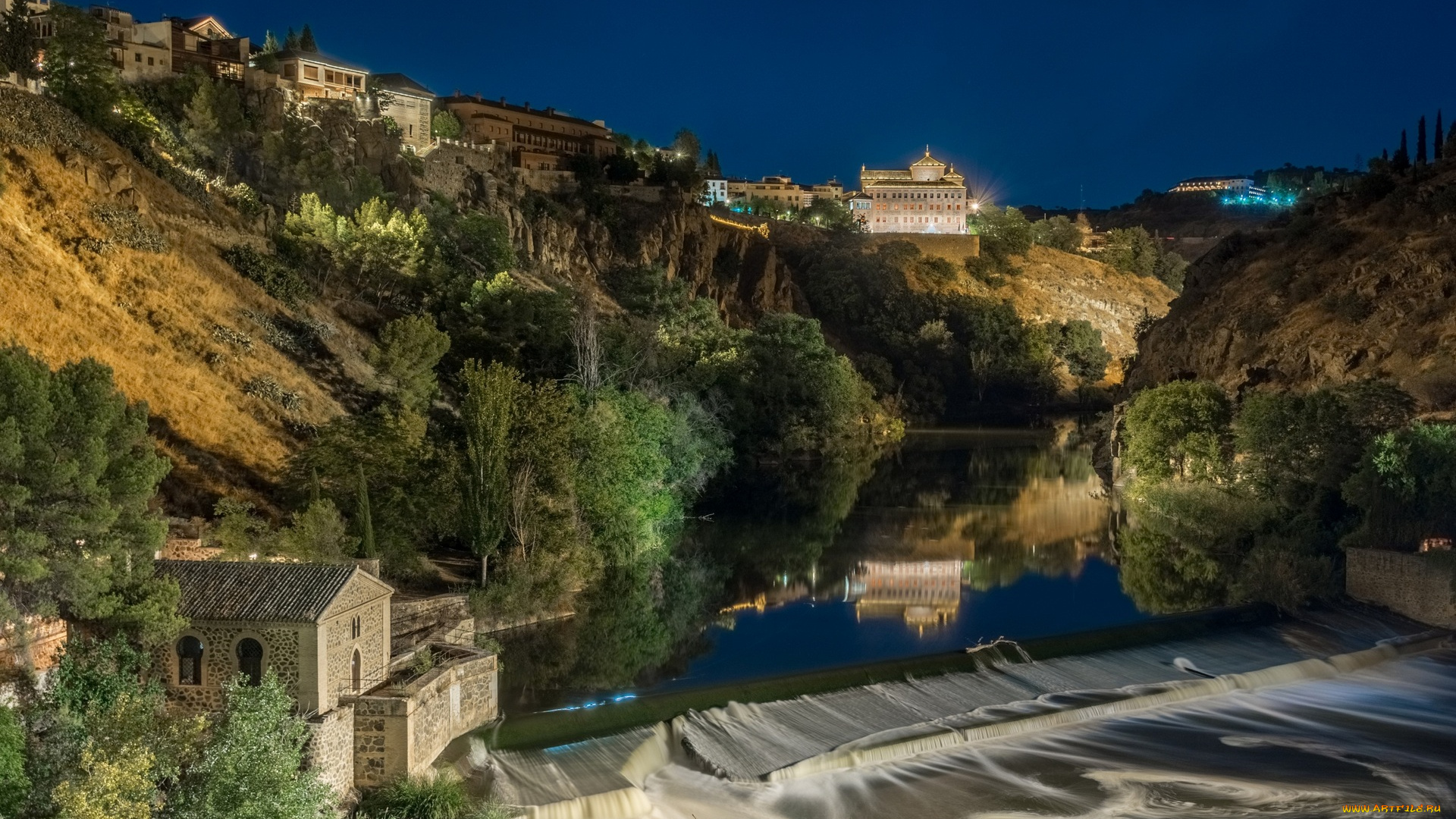испания, города, -, пейзажи, водоем, здания, деревья, огни, ночь