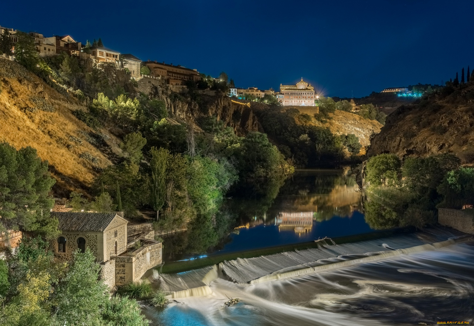 испания, города, -, пейзажи, водоем, здания, деревья, огни, ночь