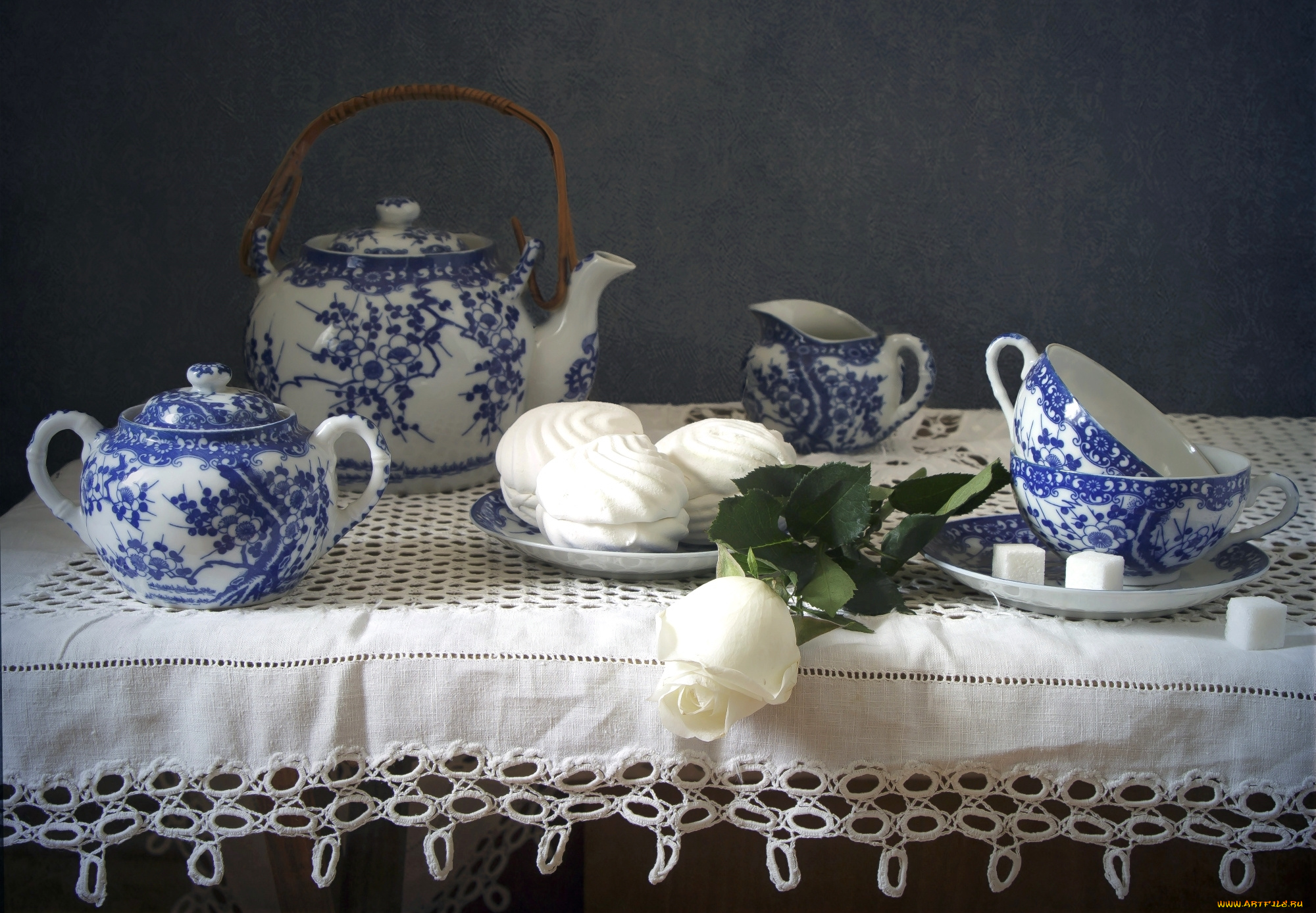еда, натюрморт, чайник, чашки, сахар, посуда, зефир, роза