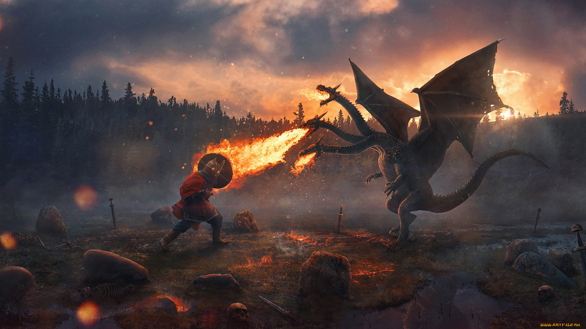 фэнтези, драконы, кости, огонь, змей, горыныч, богатырь, камни, бой
