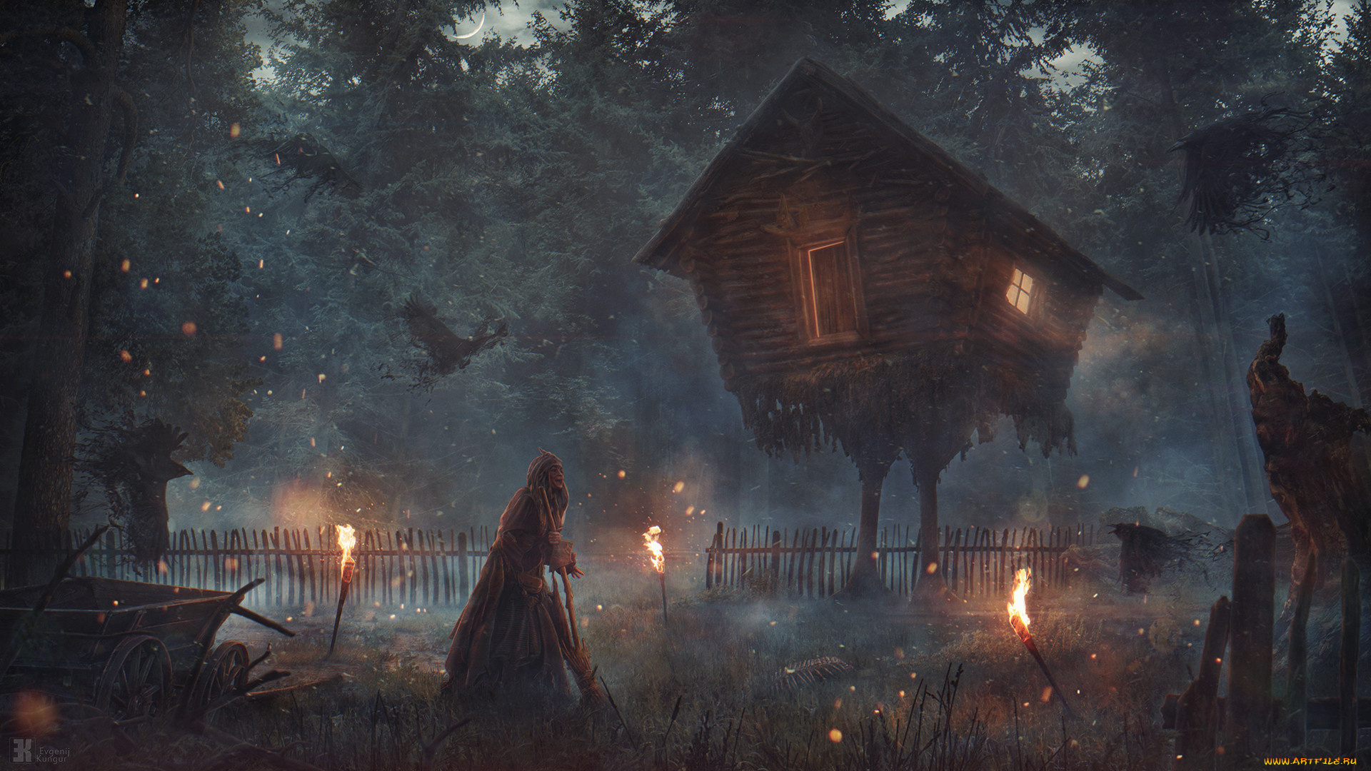 фэнтези, маги, , волшебники, избушка, баба, яга, вороны, лес, факелы