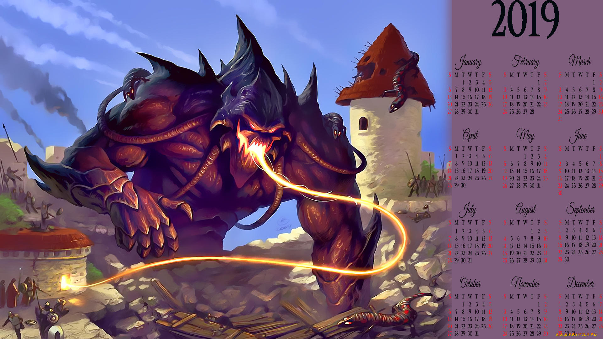календари, фэнтези, 2019, calendar, здание, монстр, люди, существо