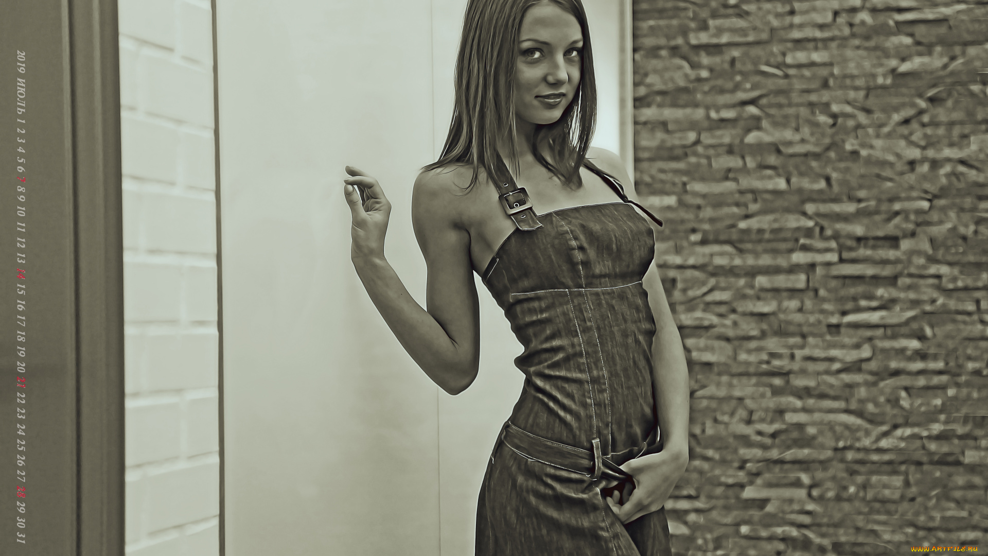 календари, компьютерный, дизайн, calendar, 2019, взгляд, стоит, стена, девушка, женщина