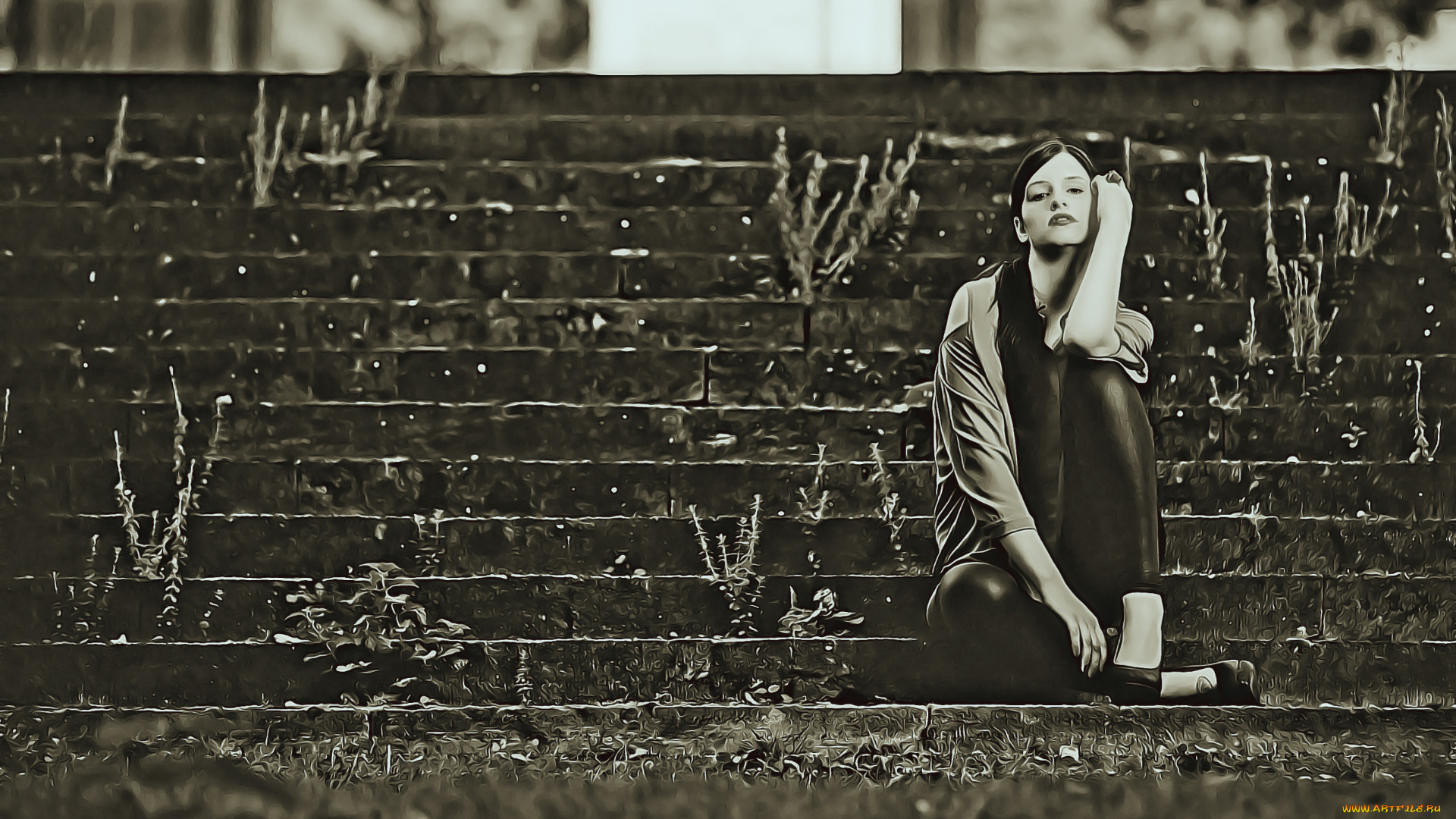 календари, компьютерный, дизайн, calendar, женщина, сидит, взгляд, девушка, ступени, 2019