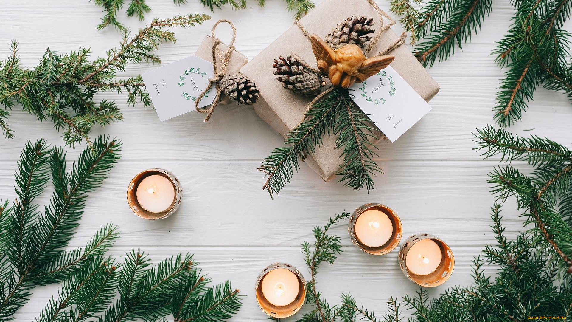 праздничные, подарки, и, коробочки, ангел, подарок, шишки, свечи