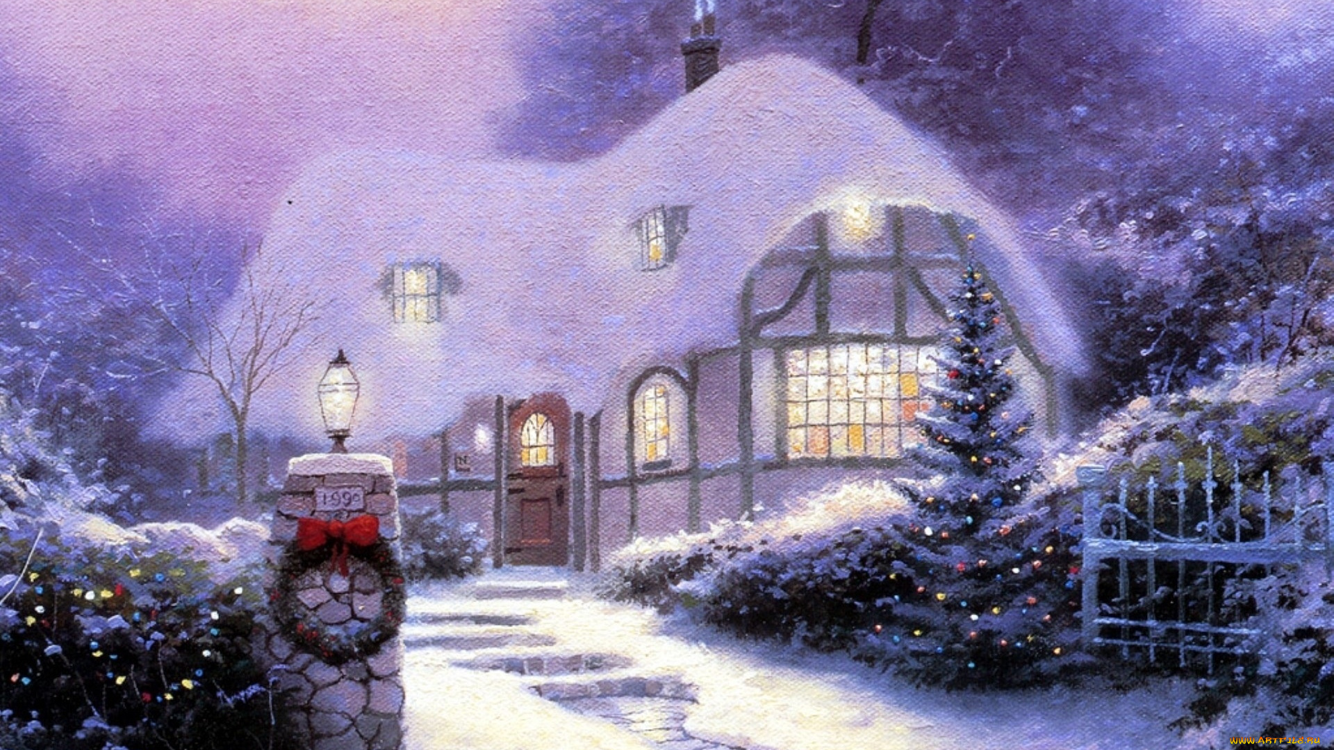 рисованное, thomas, kinkade, деревья, венок, огни, ограда, ёлка, зима, снег, дом