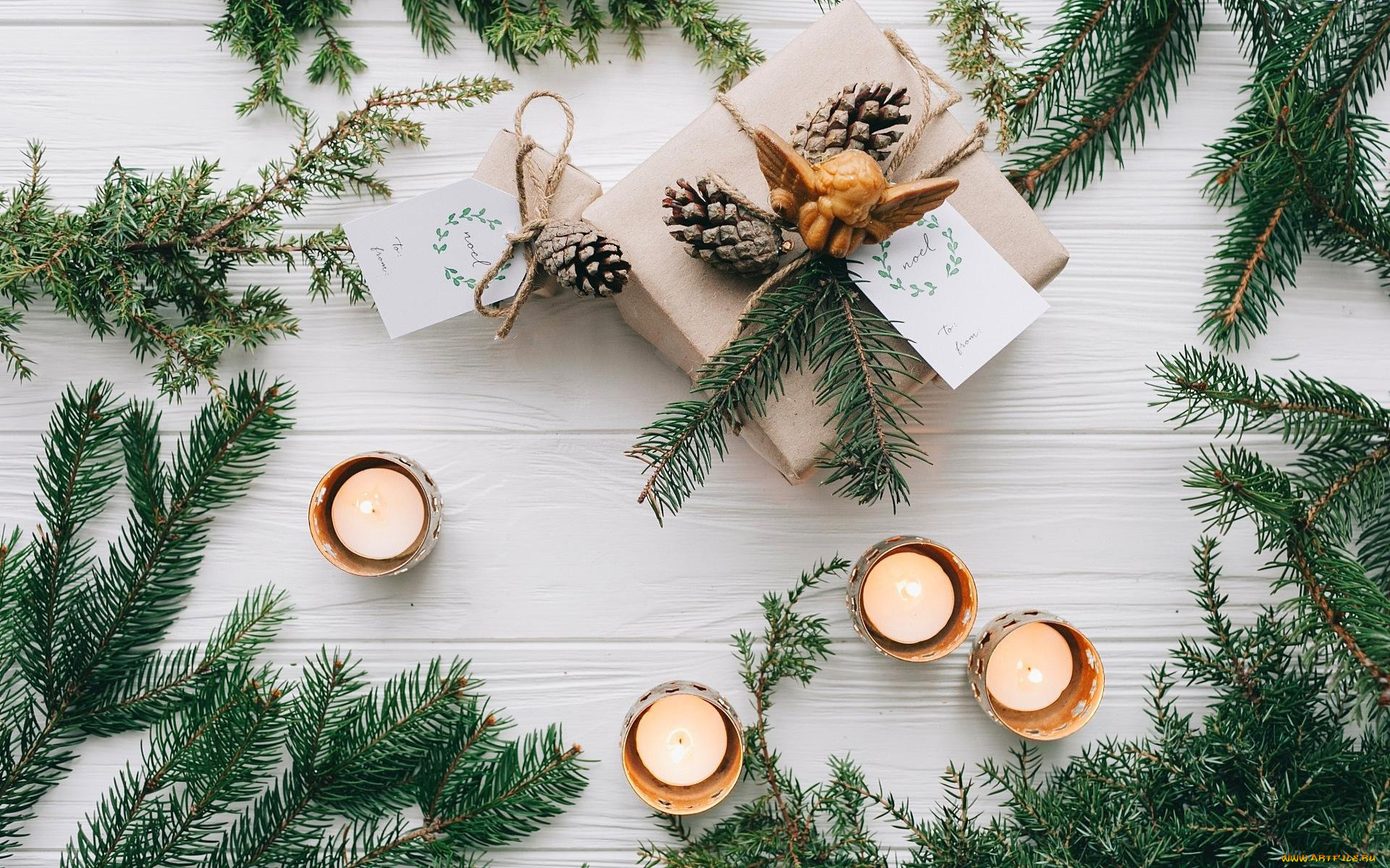 праздничные, подарки, и, коробочки, ангел, подарок, шишки, свечи