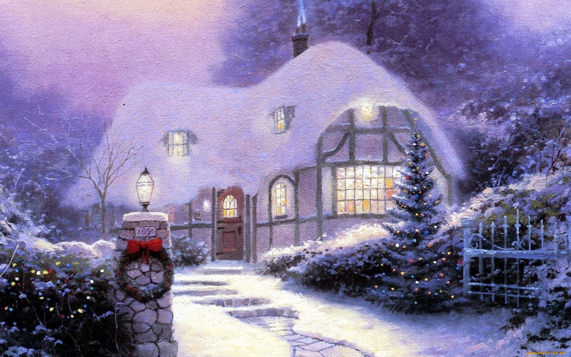 рисованное, thomas, kinkade, деревья, венок, огни, ограда, ёлка, зима, снег, дом