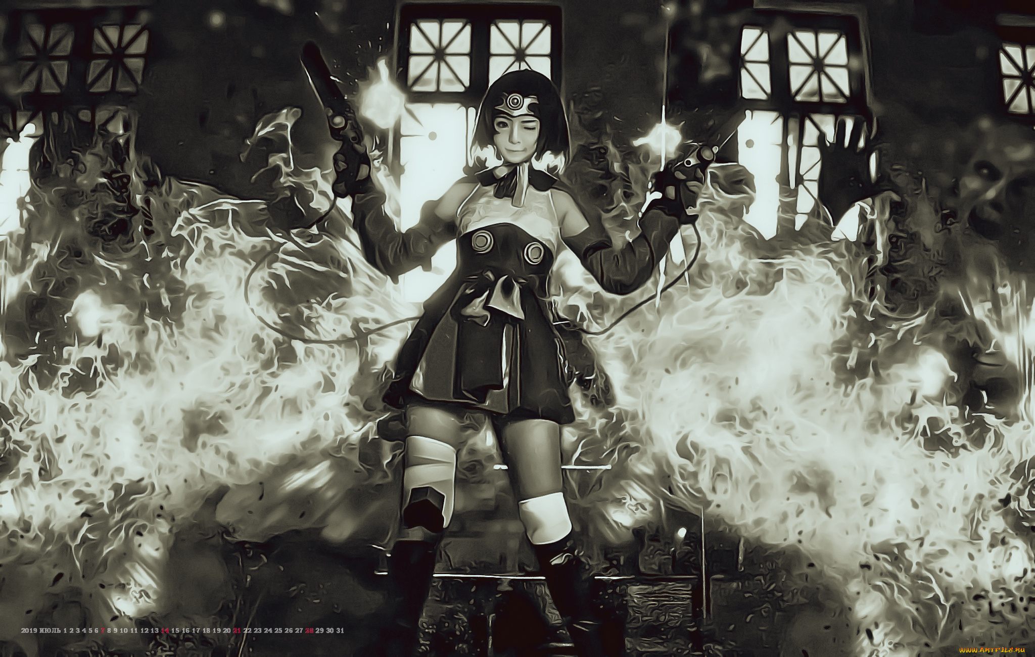 календари, компьютерный, дизайн, 2019, calendar, фэнтази, женщина, призрак, приведение, дым, девушка, оружие