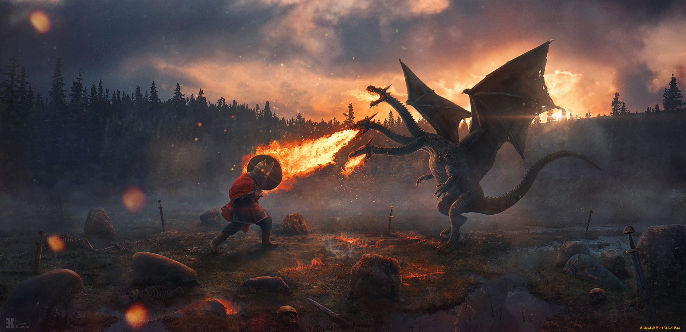 фэнтези, драконы, кости, огонь, змей, горыныч, богатырь, камни, бой