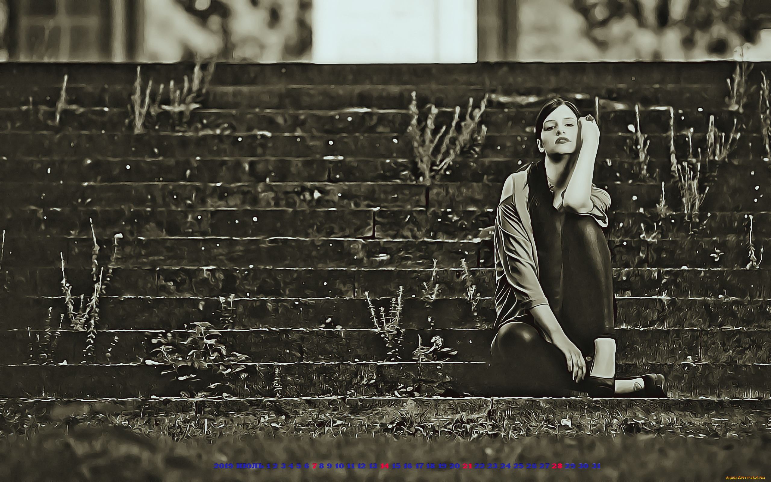 календари, компьютерный, дизайн, calendar, женщина, сидит, взгляд, девушка, ступени, 2019