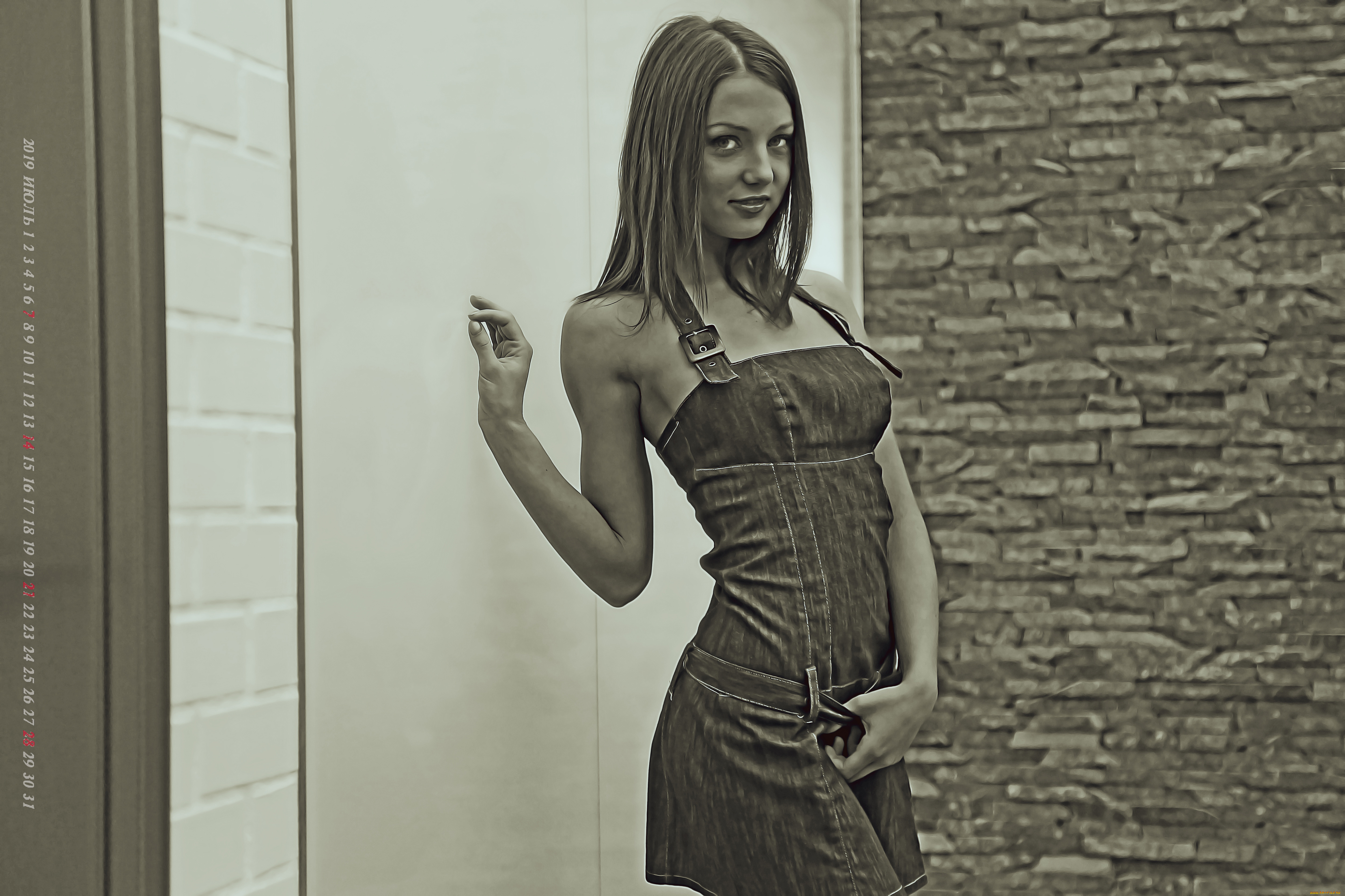 календари, компьютерный, дизайн, calendar, 2019, взгляд, стоит, стена, девушка, женщина