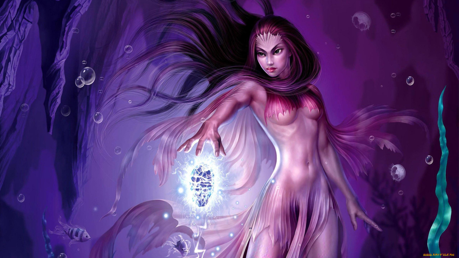 фэнтези, русалки, девушка, вода, пузыри, медузы, рыбы, кристалл