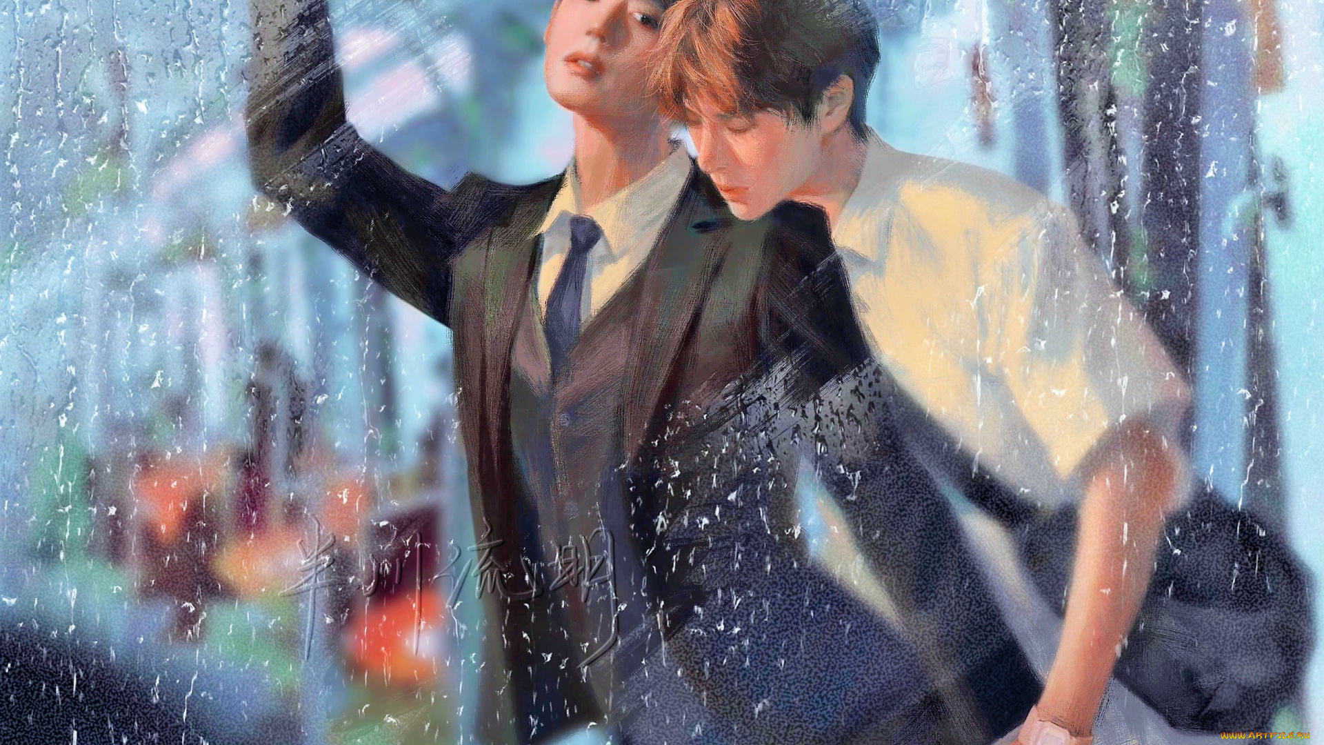 рисованное, люди, сяо, чжань, ван, ибо, стекло, дождь