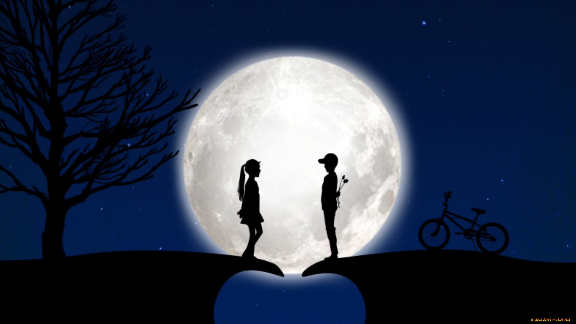 векторная, графика, люди, , people, пара, луна, обрыв, дерево, велосипед
