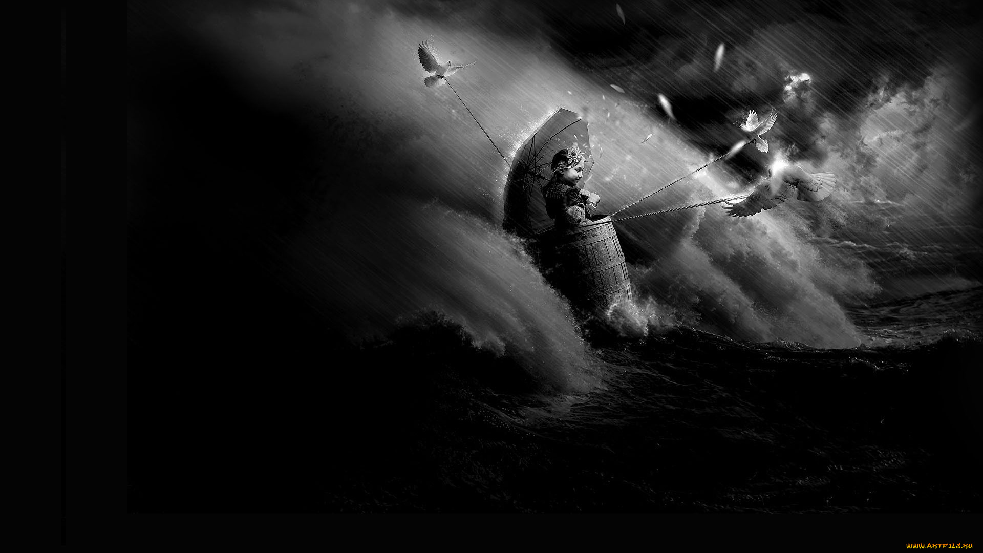 3д, графика, fantasy, фантазия, девочка, голуби, море