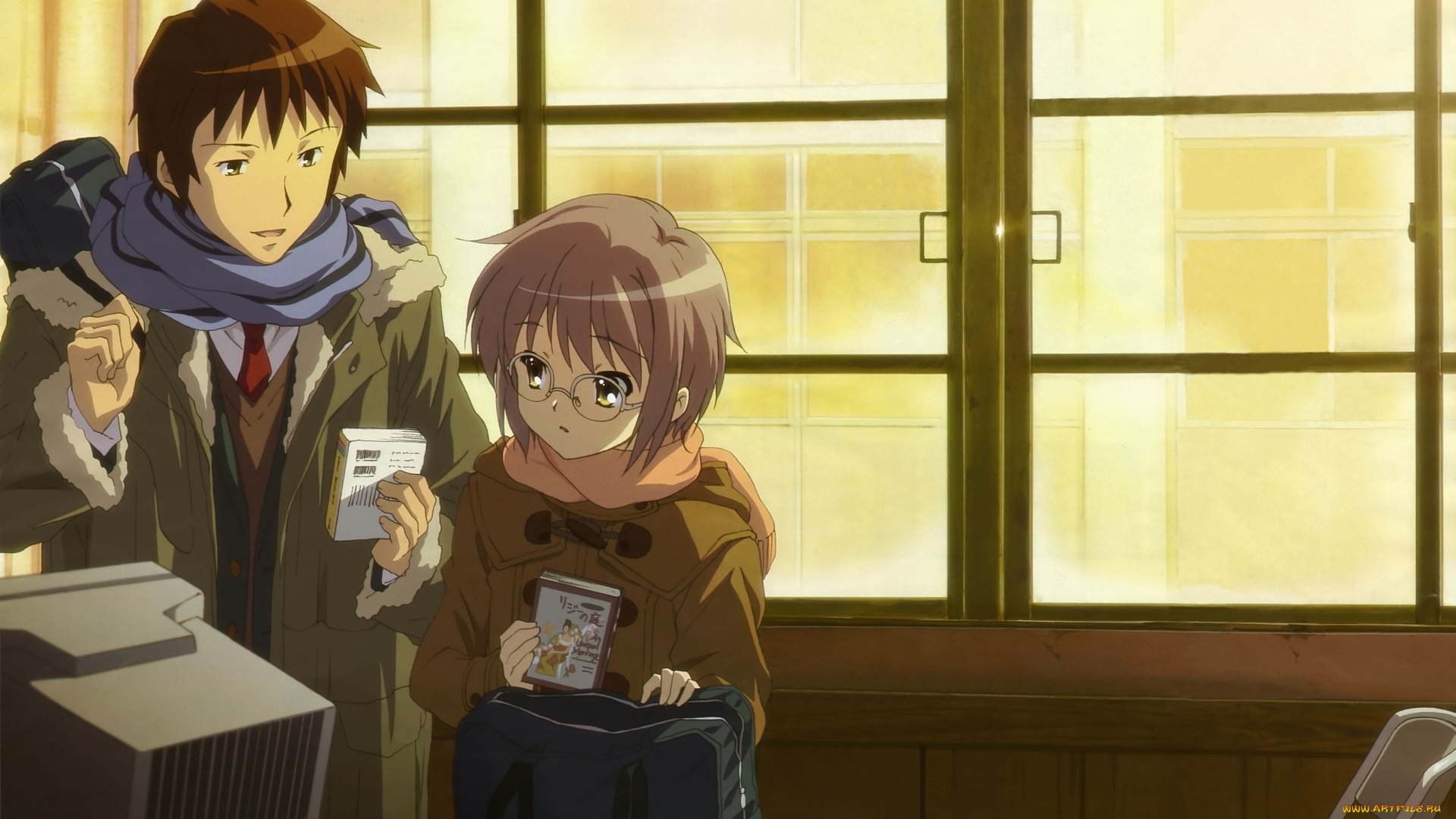 аниме, the, melancholy, of, haruhi, suzumiya, окно, парень, девушка