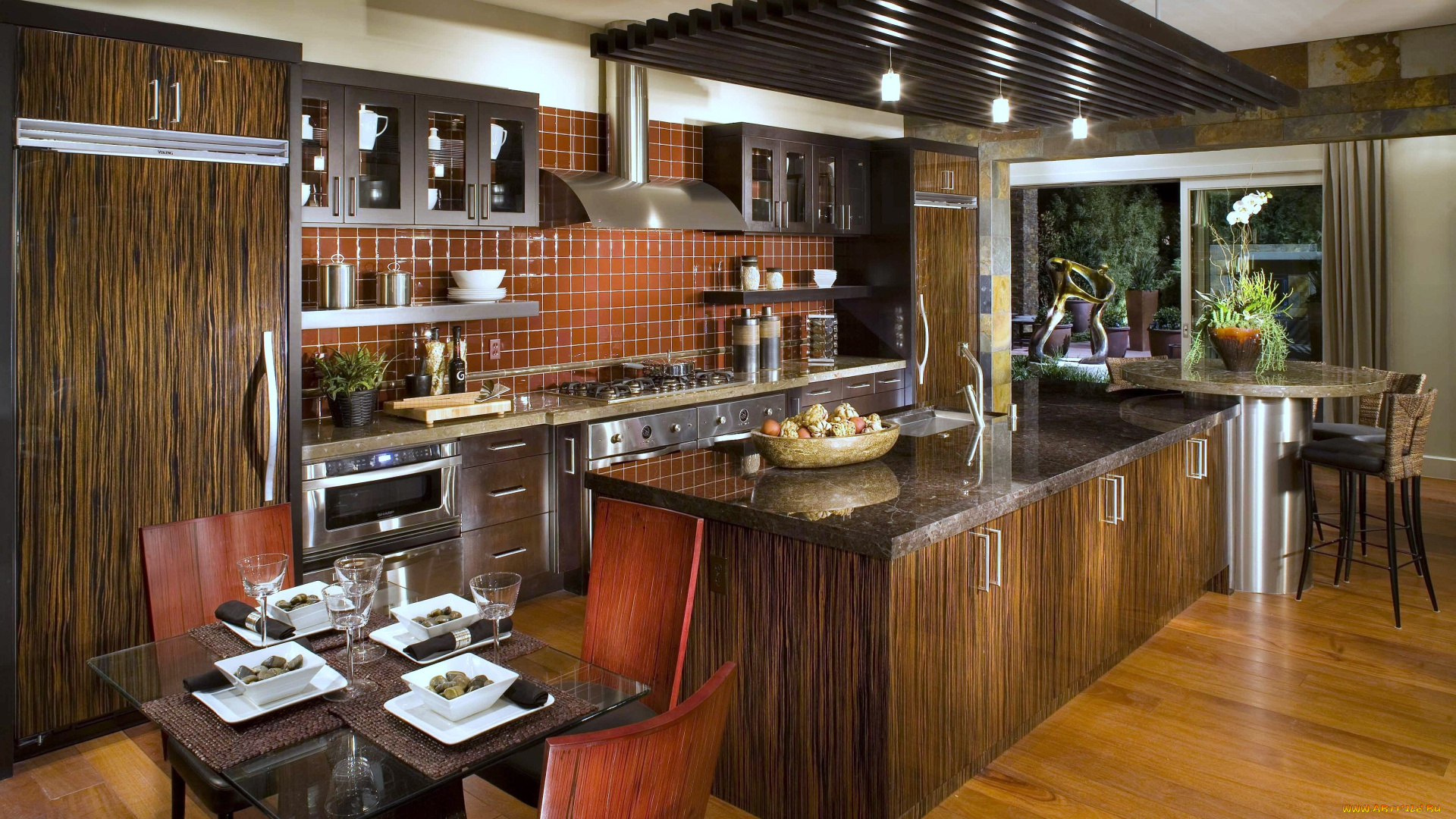 интерьер, кухня, вытяжка, посуда, плита, стол